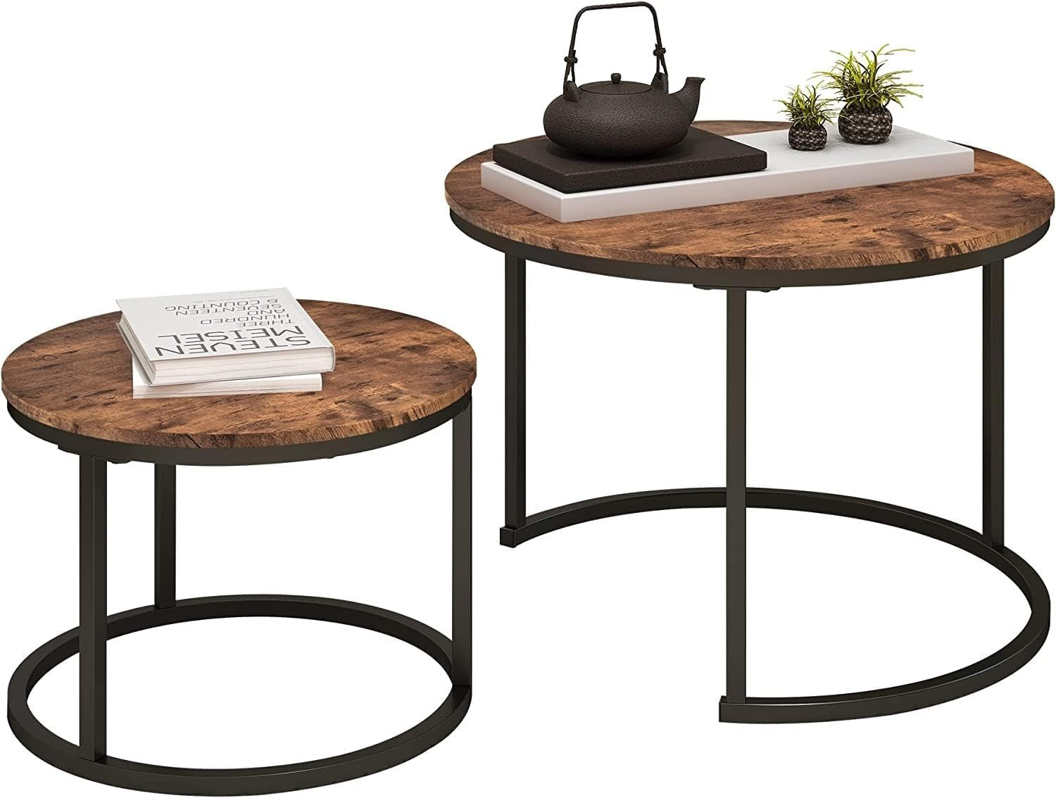 Space Saving Nesting Coffee Tables Set of 2 Rustic Brown Wood Living Room