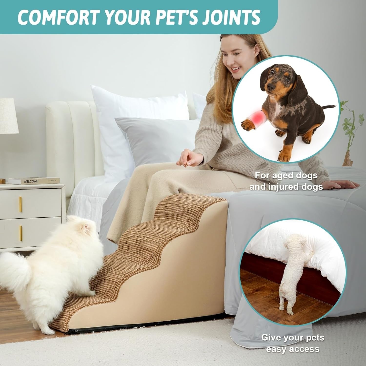 Dog Stairs 4 Step 19.7in Foam Pet Ramp for Bed Sofa Brown