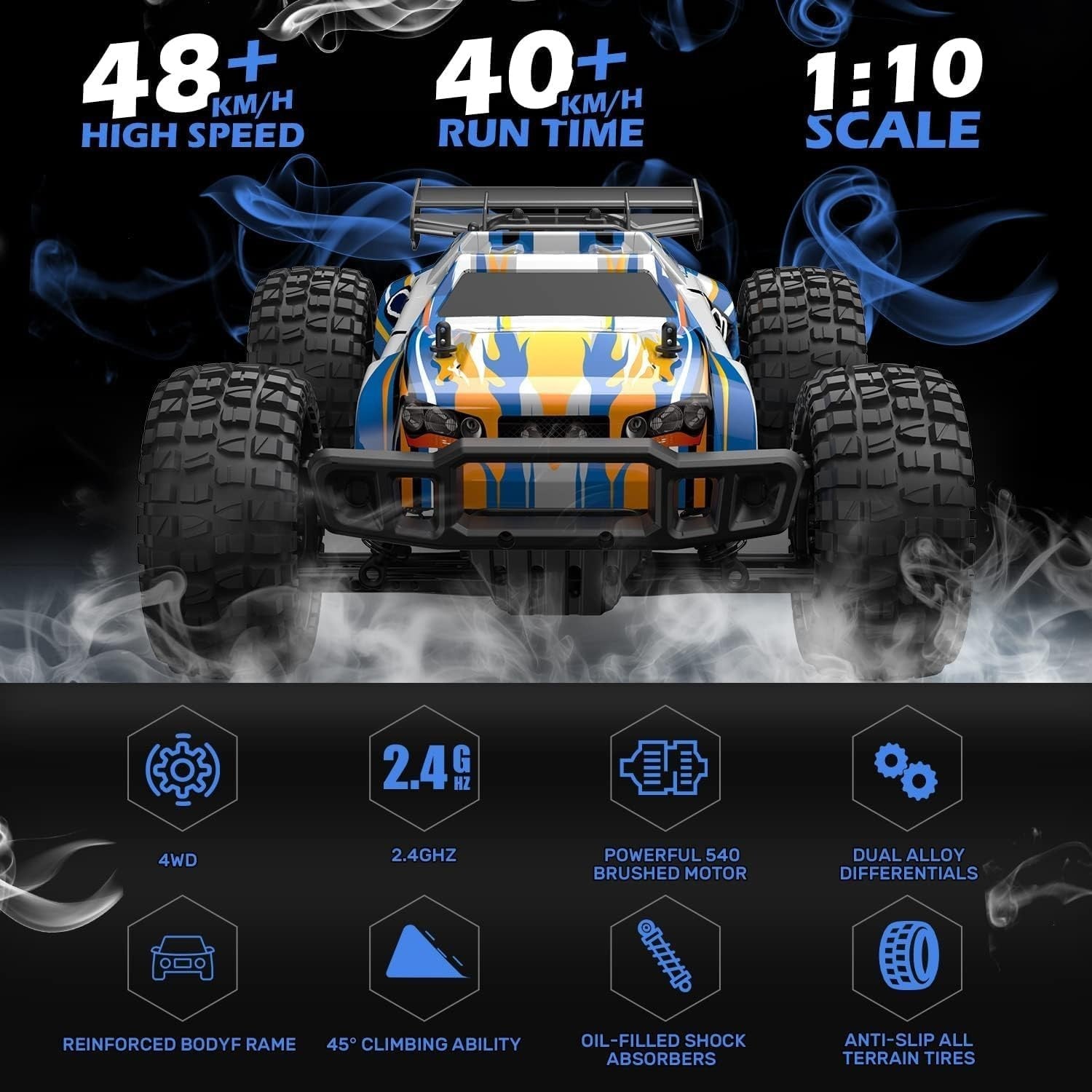 1:10 RC Car 4WD 48KM/H High Speed Off-Road Truck 2 Battery Toy for Kids & Adults