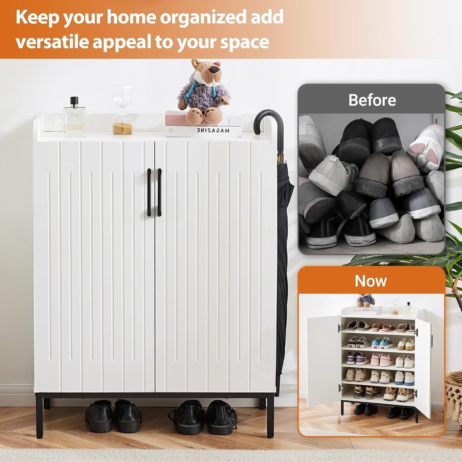 Modern White Shoe Cabinet with 5 Adjustable Shelves, Anti-Tip Safety, 68x37x100c