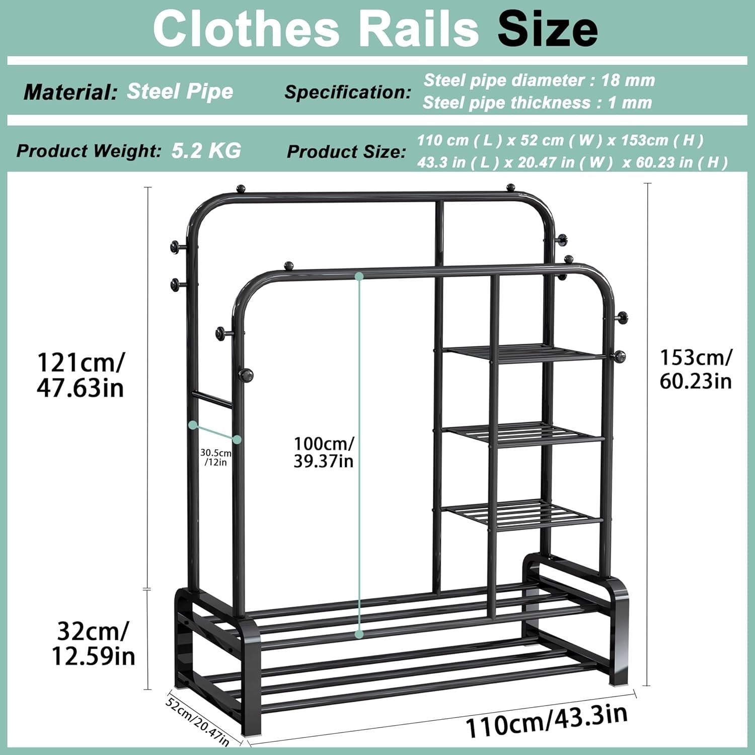 Heavy Duty Clothes Rail with Shelves & Hooks – Black 110×145cm