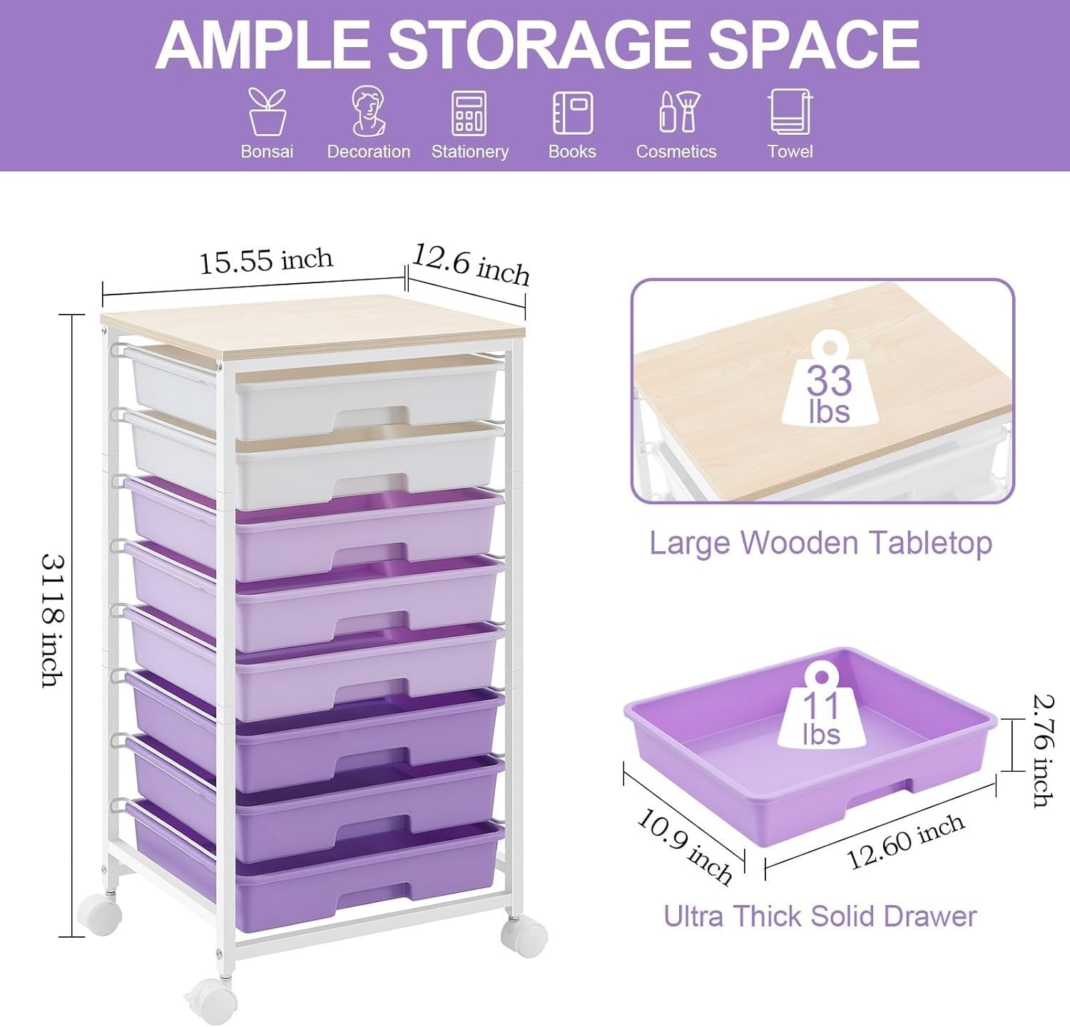 8 Drawer Mobile Storage Cart Purple Rolling Organizer Trolley Wheels
