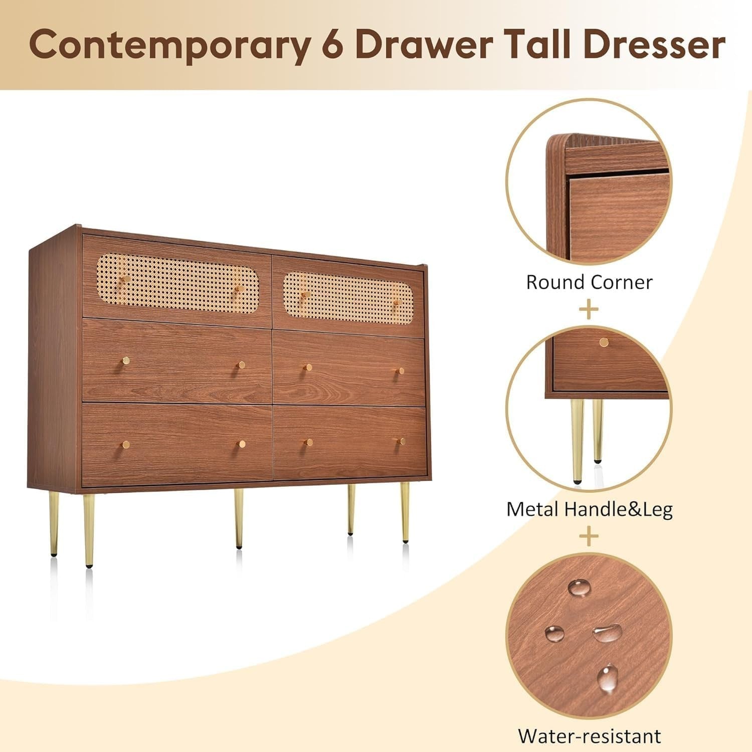Rattan Sideboard Cabinet 6 Drawer Storage Unit Walnut for Living Room