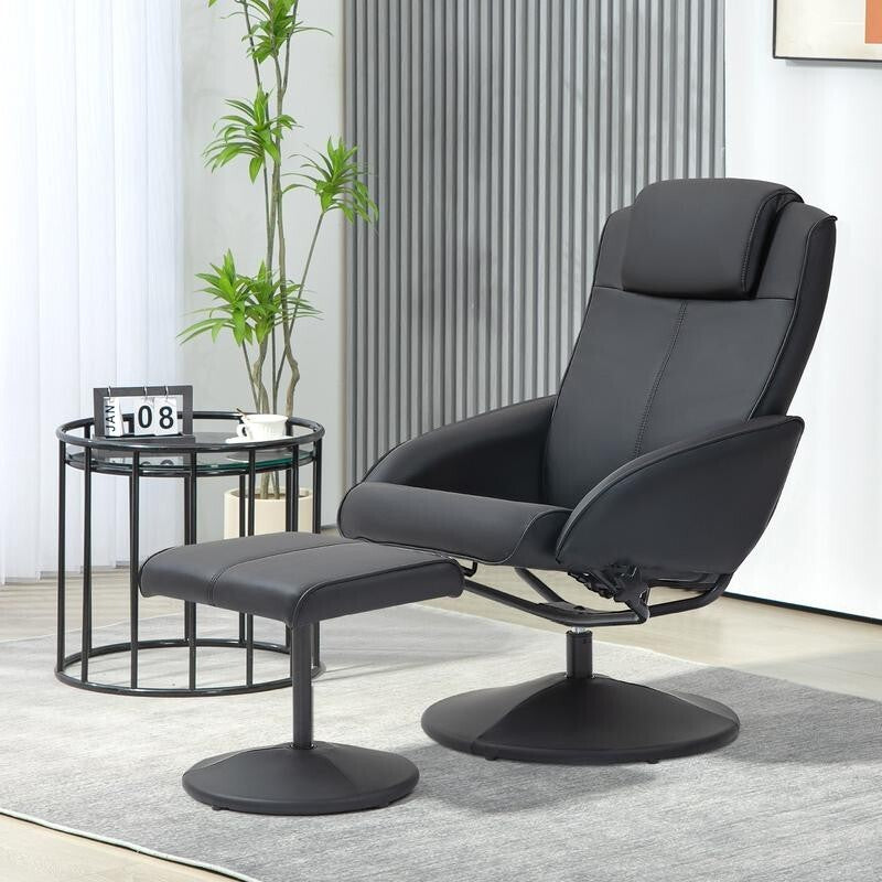 Black Recliner Armchair Chair w/ Footstool Faux Leather Swivel Lounge Set