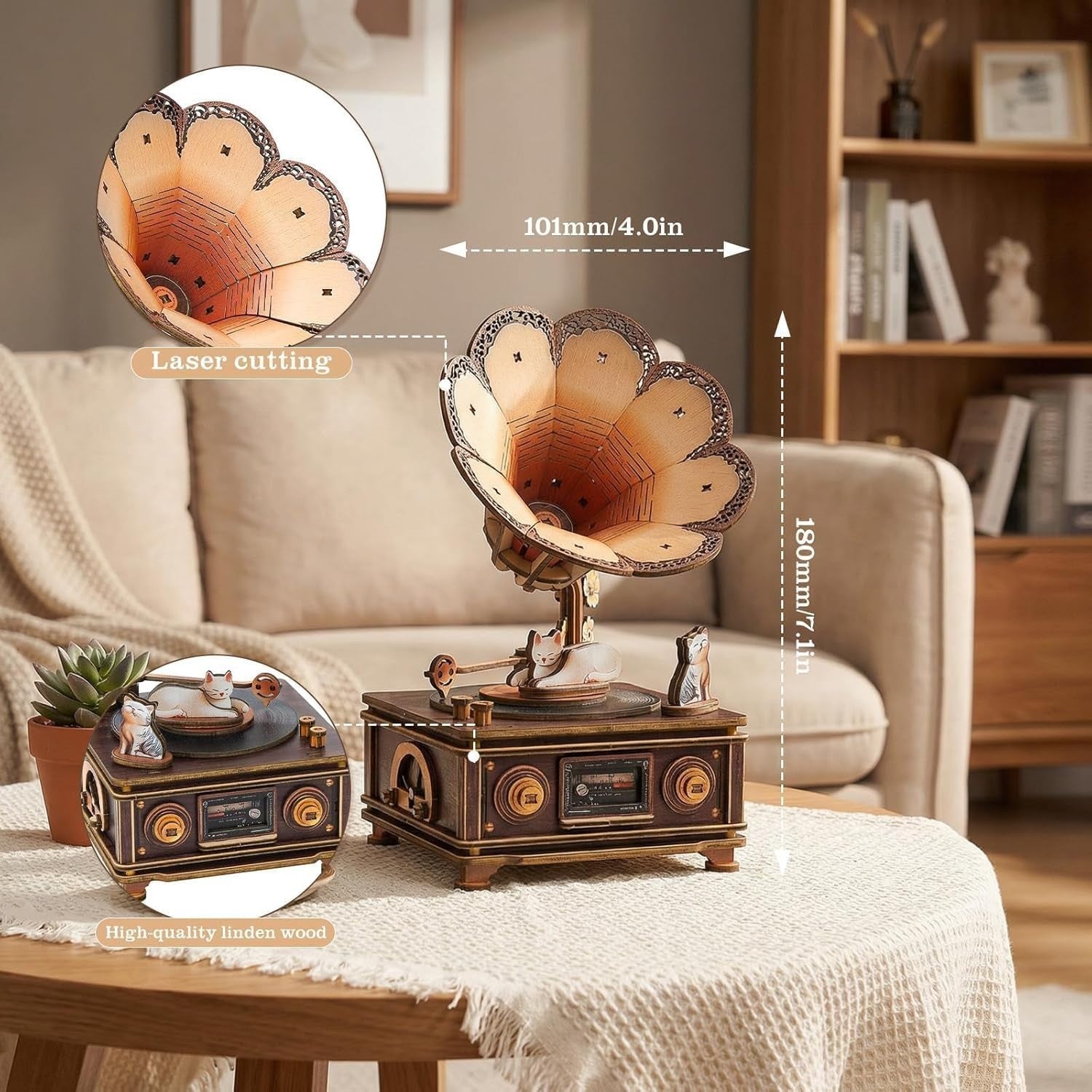3D Wooden Cat Music Box Puzzle DIY Gramophone Model Kit Desk Decor