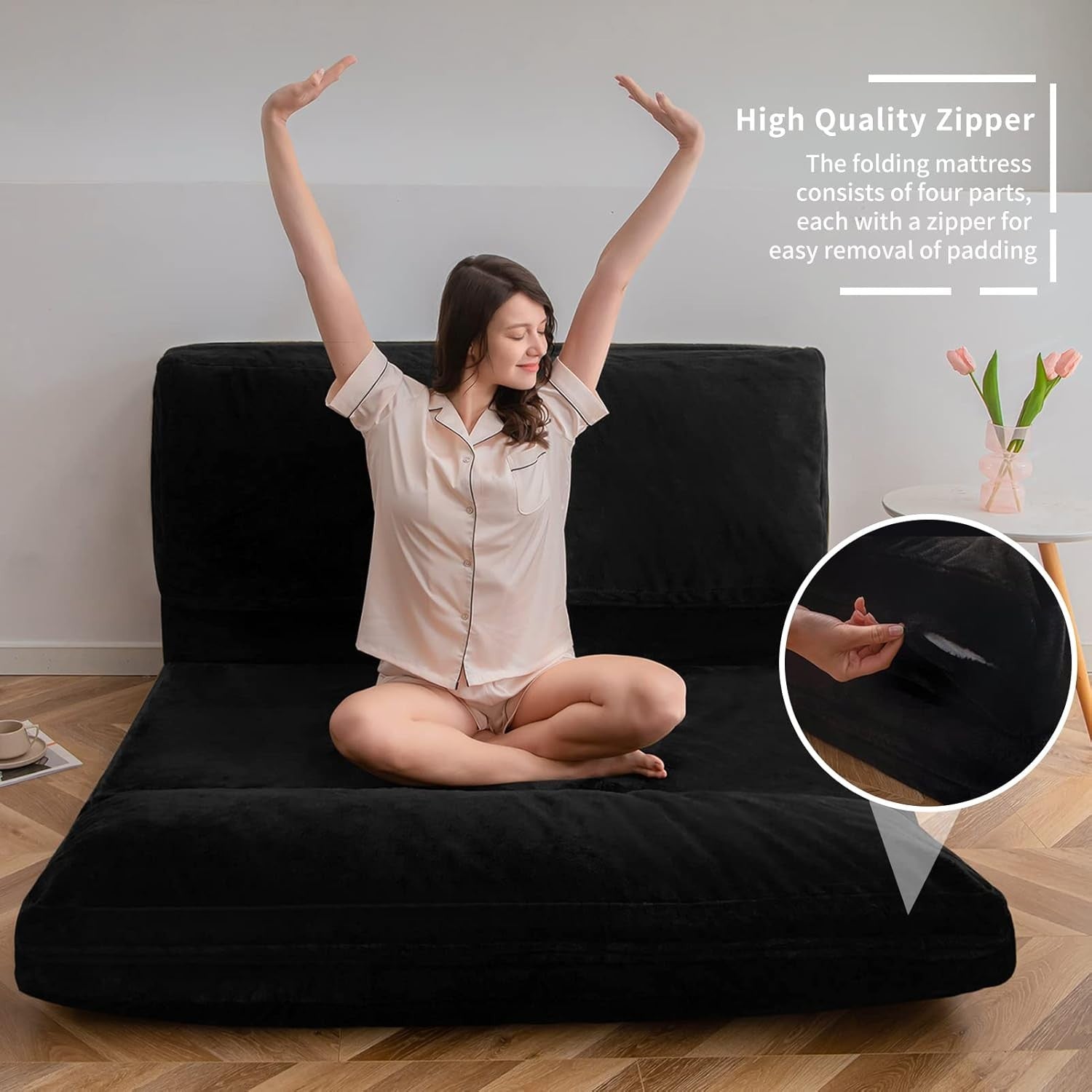 Charcoal 4 Fold Floor Sofa Bed Chair 75x240cm Plush Foam Washable Cover