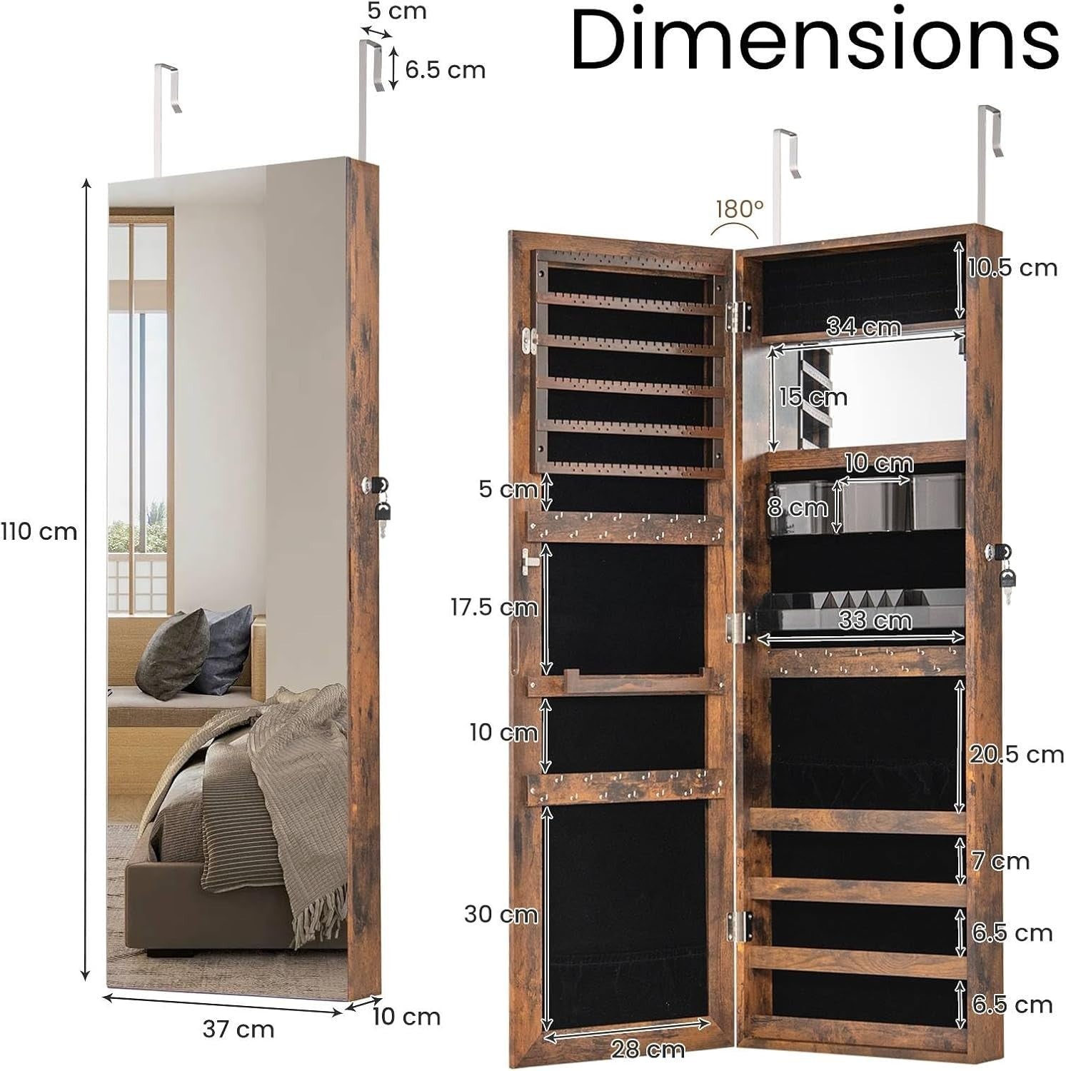 Rustic Brown Mirrored Jewelry Cabinet Wall Mount Lockable Slim Storage