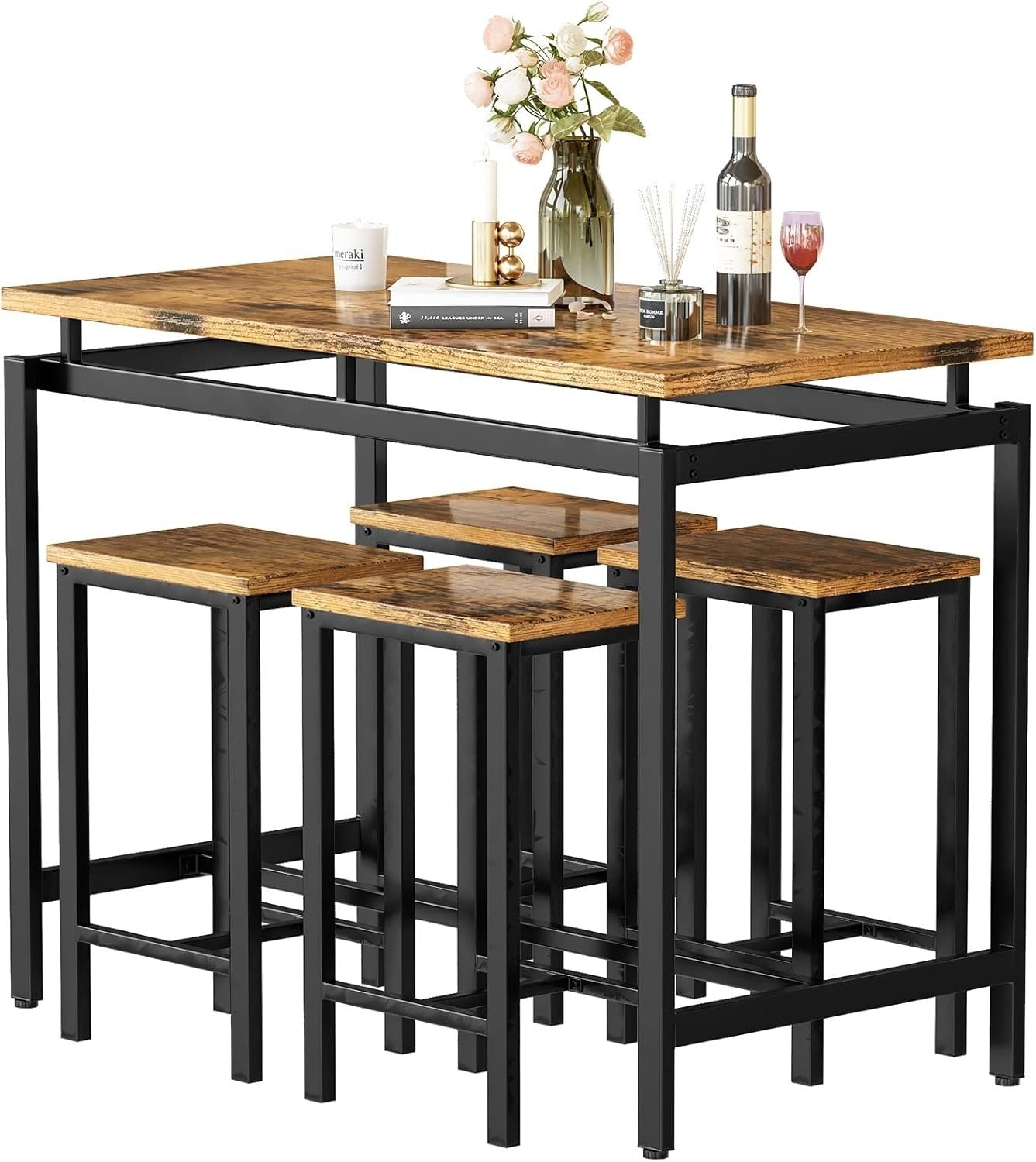 Rustic Brown 5-Piece Counter Height Dining Table Set with 4 Stools Space Saving