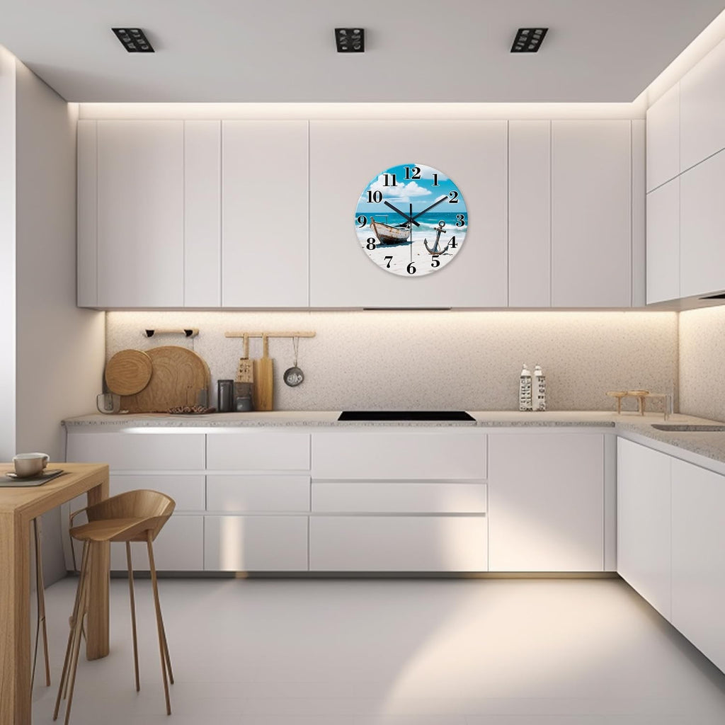 12" Coastal Beach Wall Clock Silent Non-Ticking Blue Ocean Boat Decor