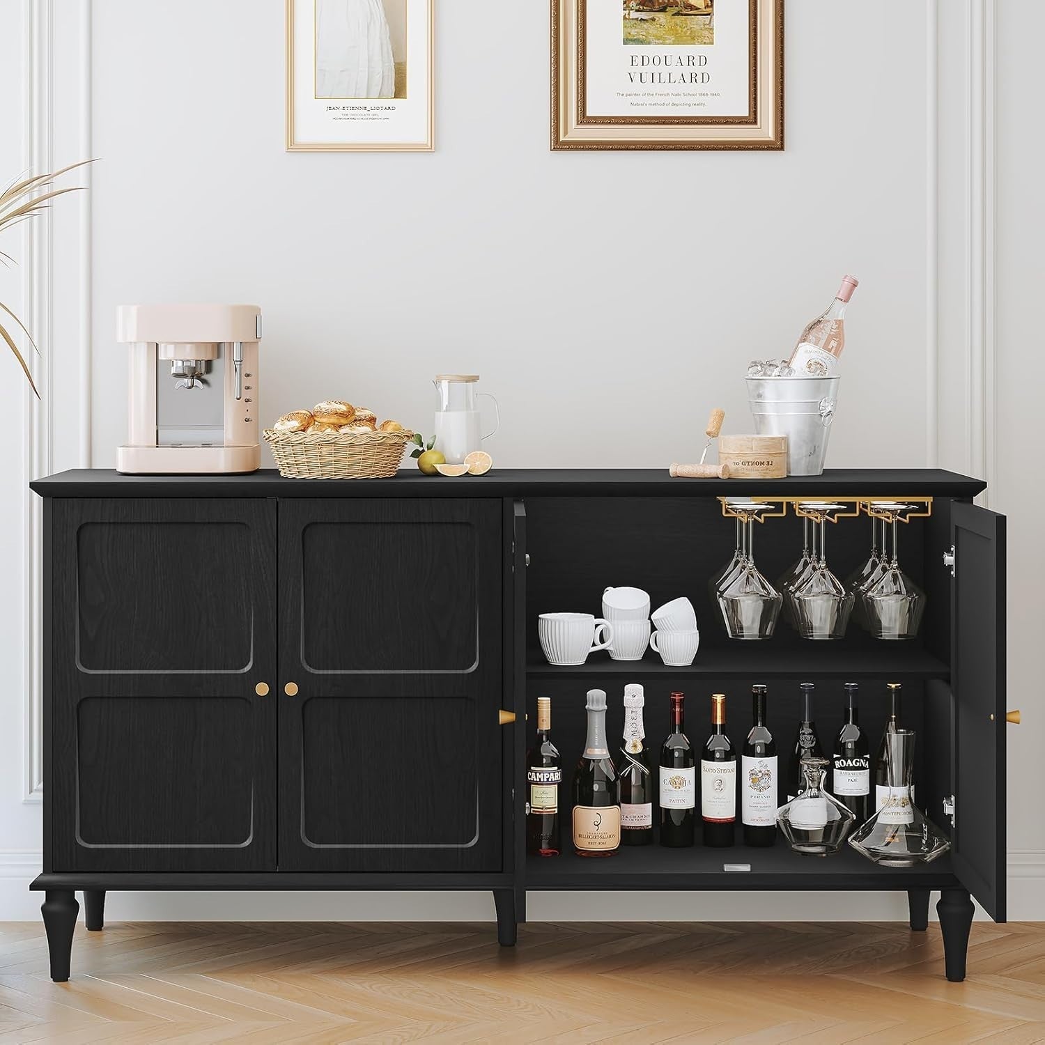 Mid-Century Black Sideboard with Wine Glass Rack, 4 Doors, Large Storage
