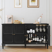 Mid-Century Black Sideboard with Wine Glass Rack, 4 Doors, Large Storage