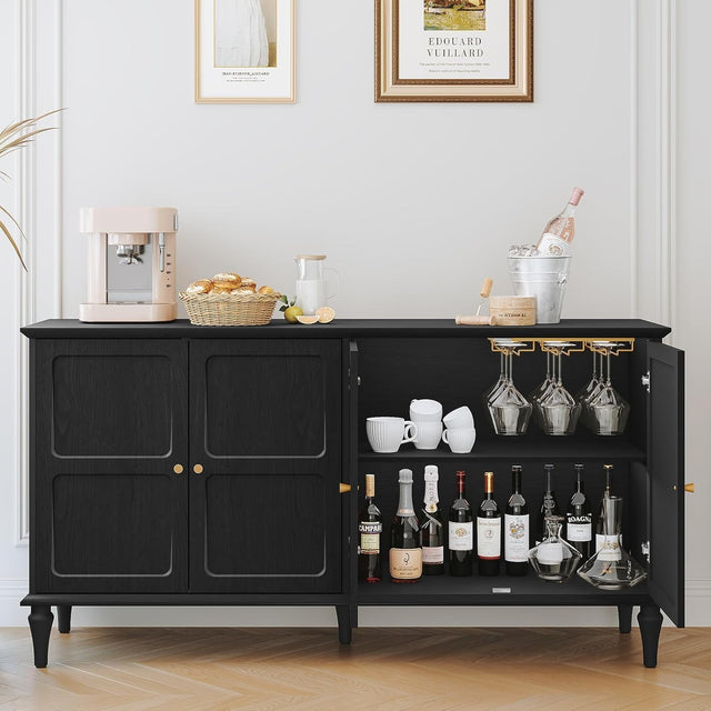 Mid-Century Black Sideboard with Wine Glass Rack, 4 Doors, Large Storage