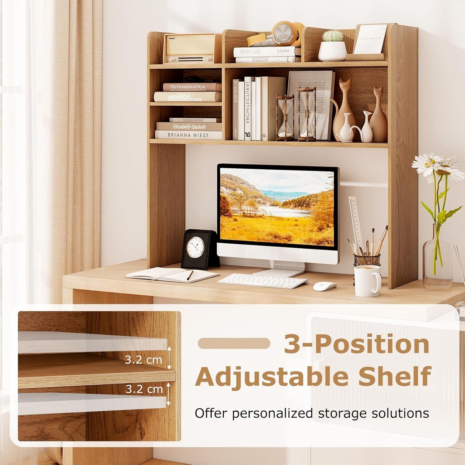 Desktop Bookshelf Hutch 6-Shelf Monitor Storage Rack Adjustable Compartments