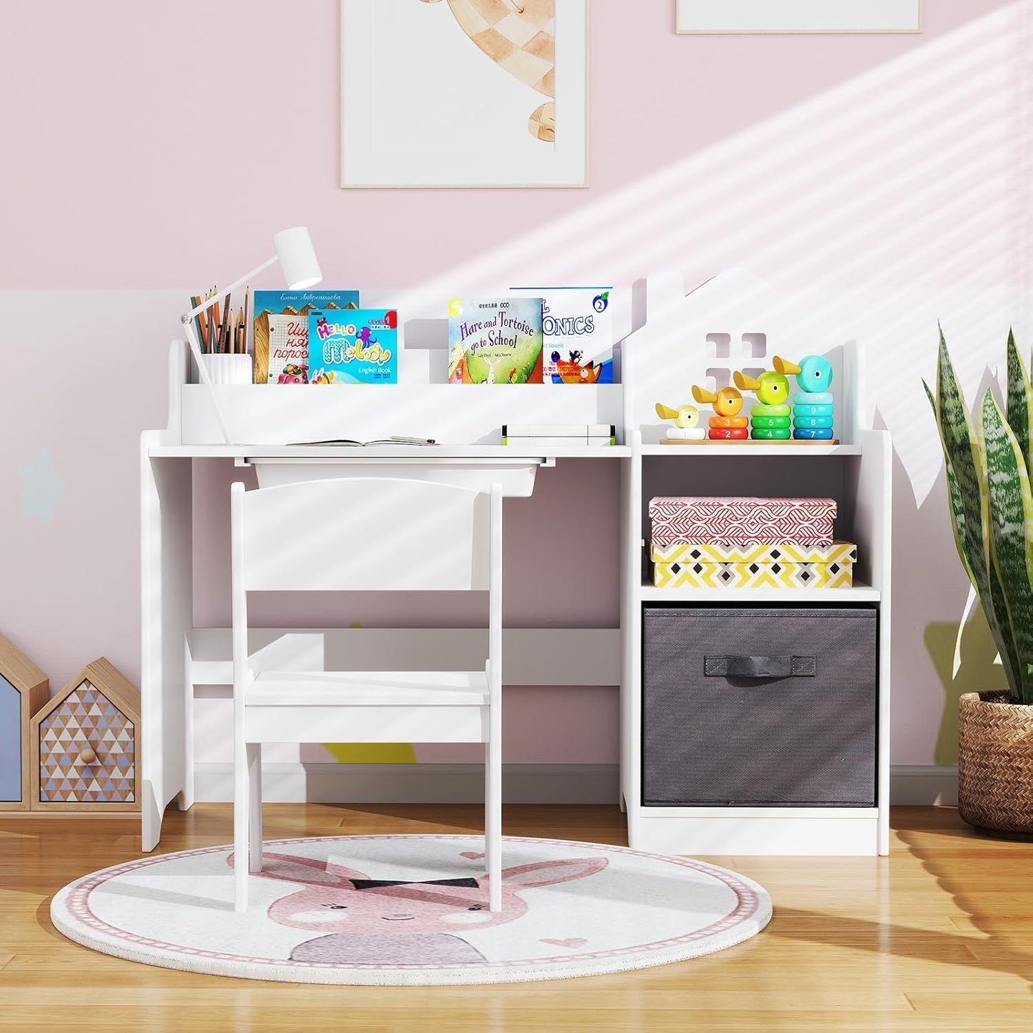 Kids Desk & Chair Set with Storage Drawers Bookshelves for Learning Play