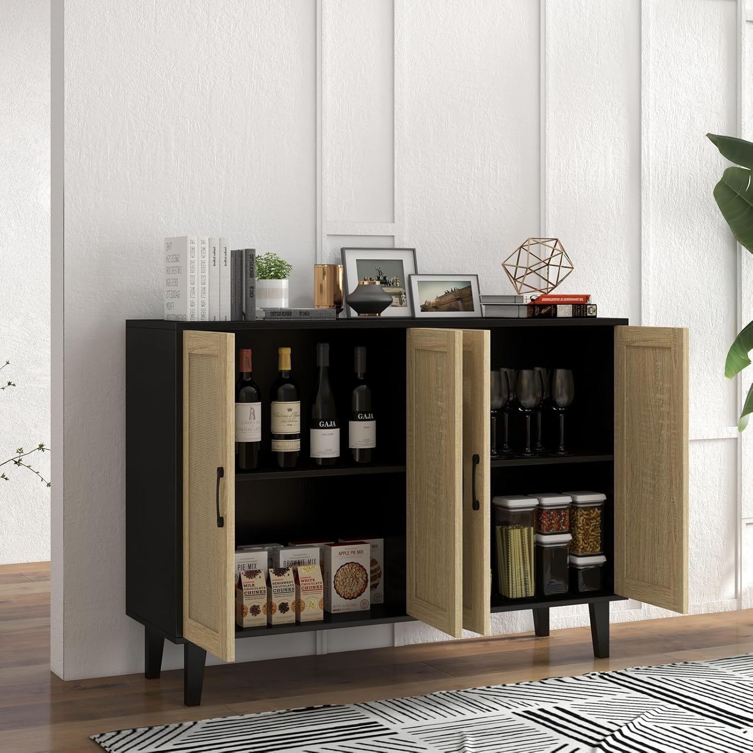 Black Buffet Storage Cabinet with Rattan Doors Adjustable Shelves Modern