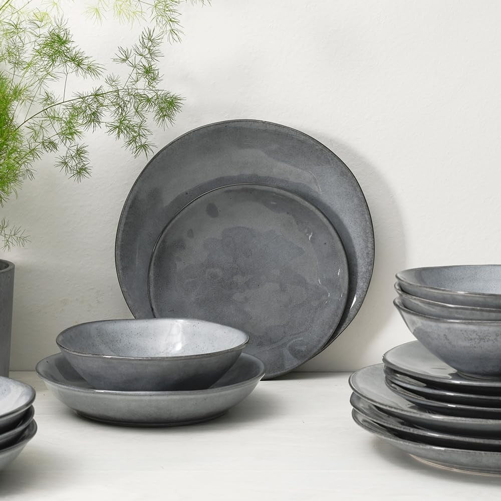 32pc Stoneware Dinner Set Charcoal Grey Plates Bowls Scandinavian Style