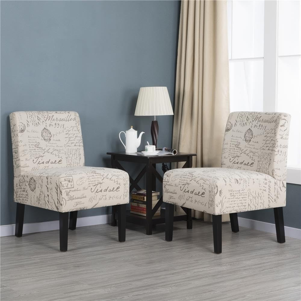 Linen Accent Side Chair Letter Print Solid Wood Legs Bedroom Dining