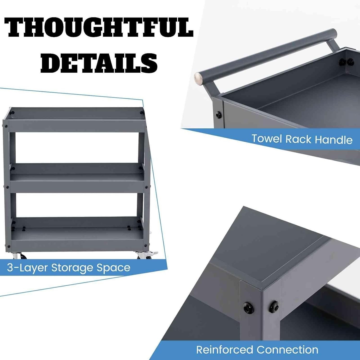 3-Tier Rolling Tool Cart Grey 76W x 38D x 78H cm Steel Mobile Trolley