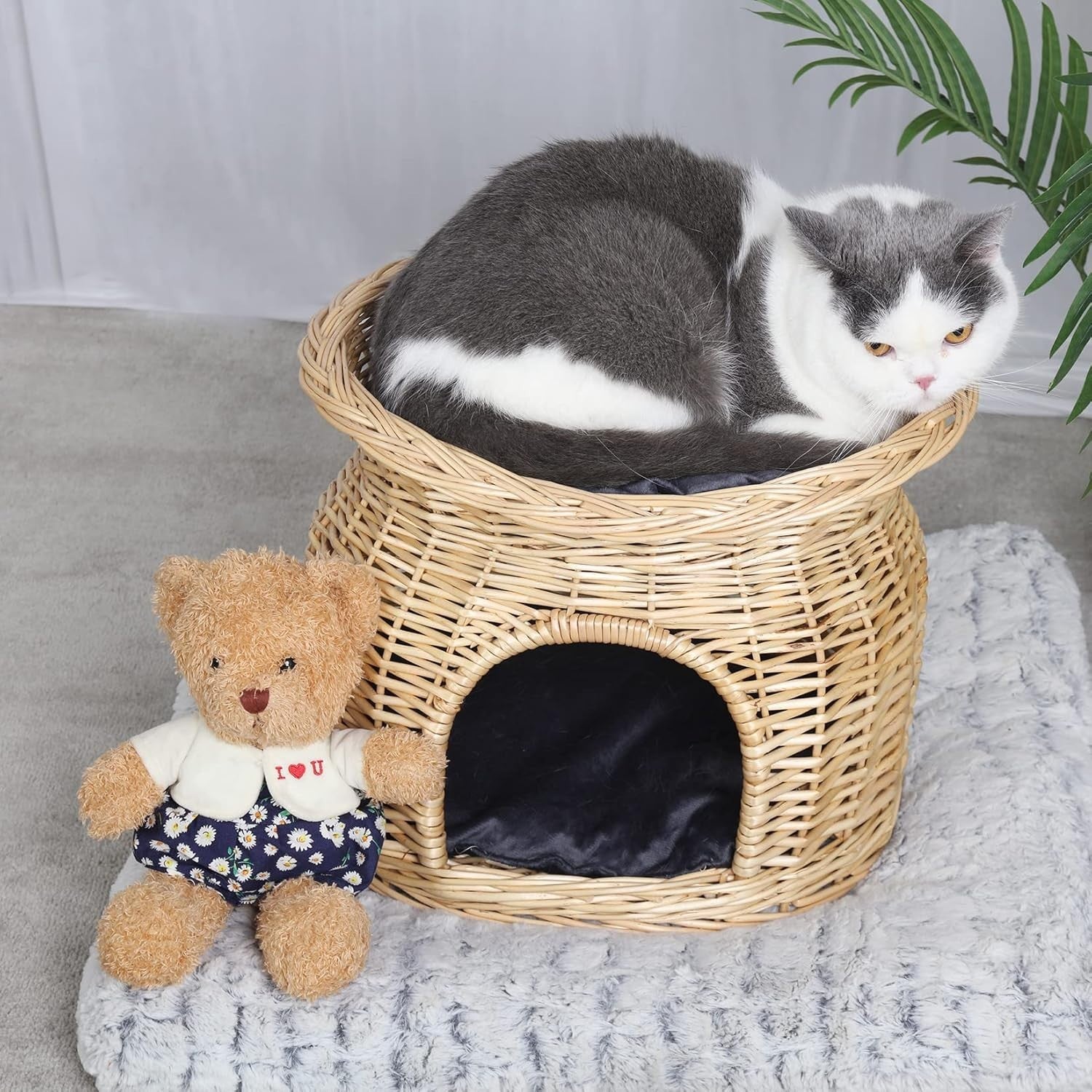 2 Tier Wicker Cat Cave House Kitten Basket Bed with Cushions Beige