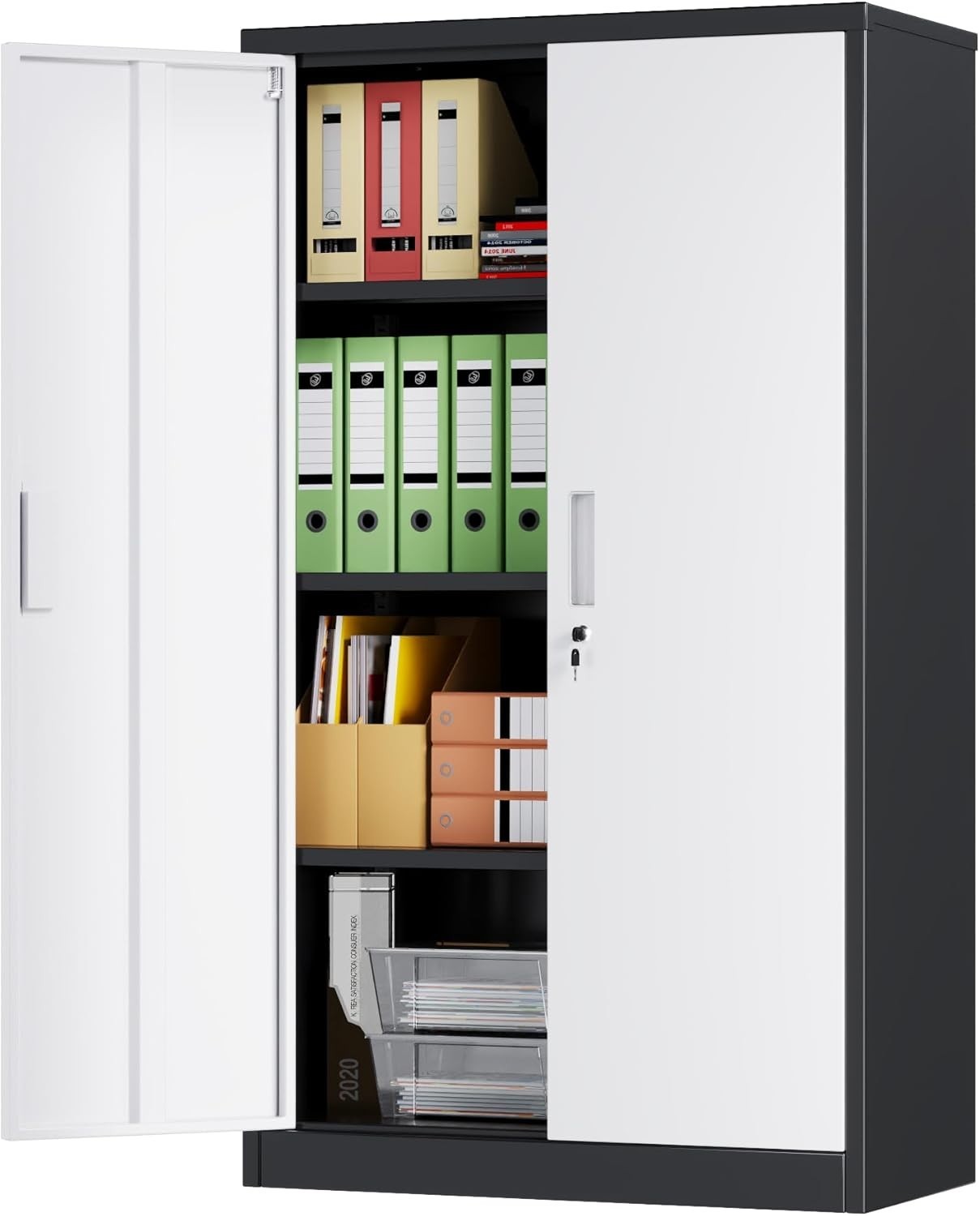 Lockable Steel Storage Cabinet 2 Doors 3 Adjustable Shelves 140x80x40cm