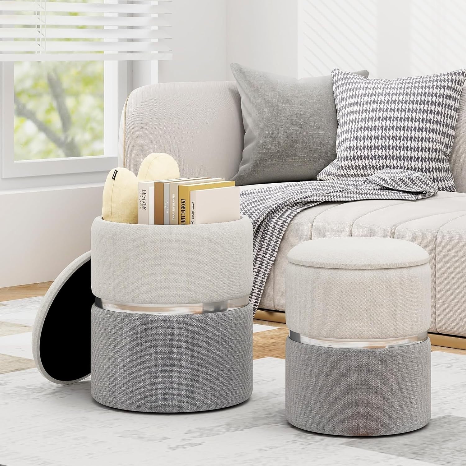 Beige & Grey Nesting Linen Storage Ottomans Set of 2 Round Footstools