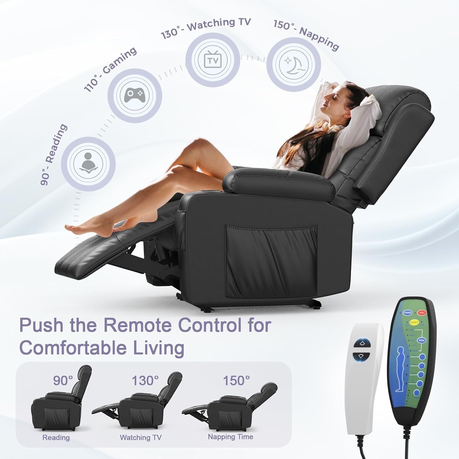 Electric Recliner Chair Massage Heat USB Type-C Cup Holders Black Armchair