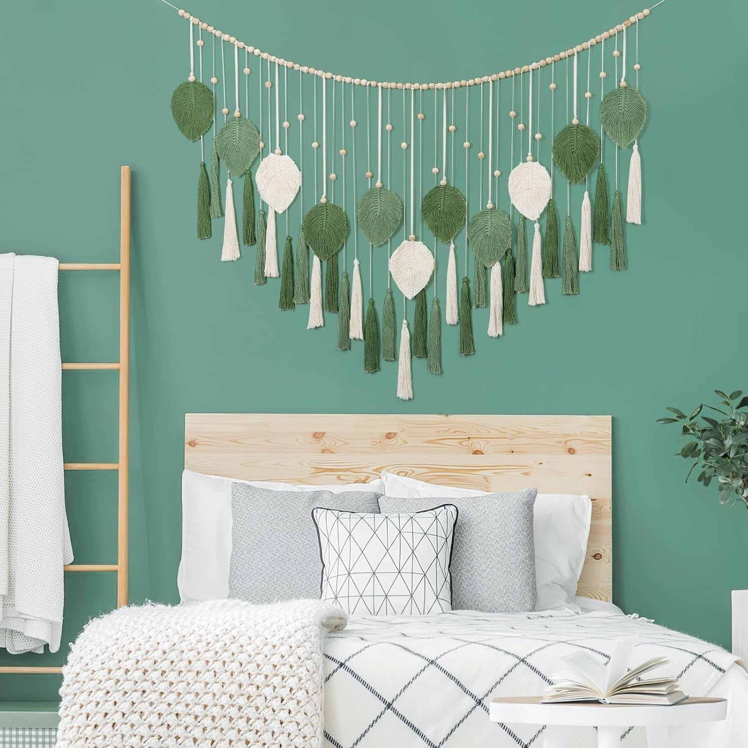 Large Macrame Wall Hanging Beige Green Leaf Tassel Boho Decor