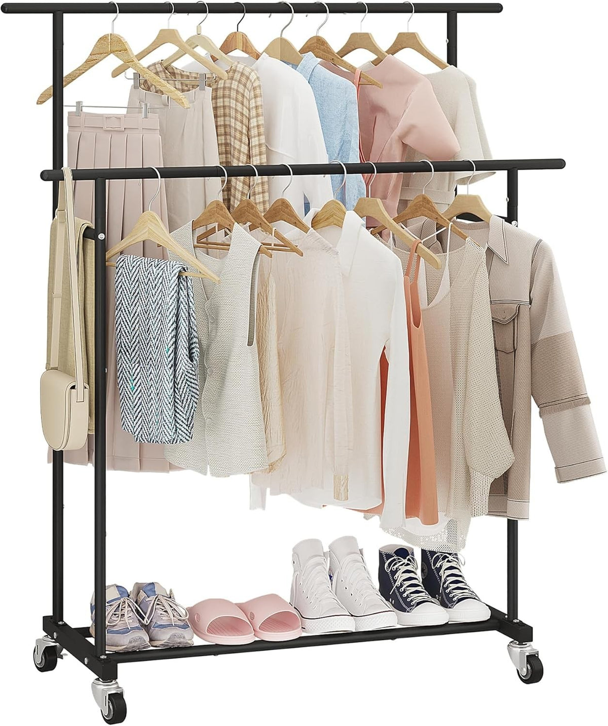Black Double Rod Clothes Rack with Wheels & Storage Shelf