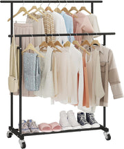Black Double Rod Clothes Rack with Wheels & Storage Shelf