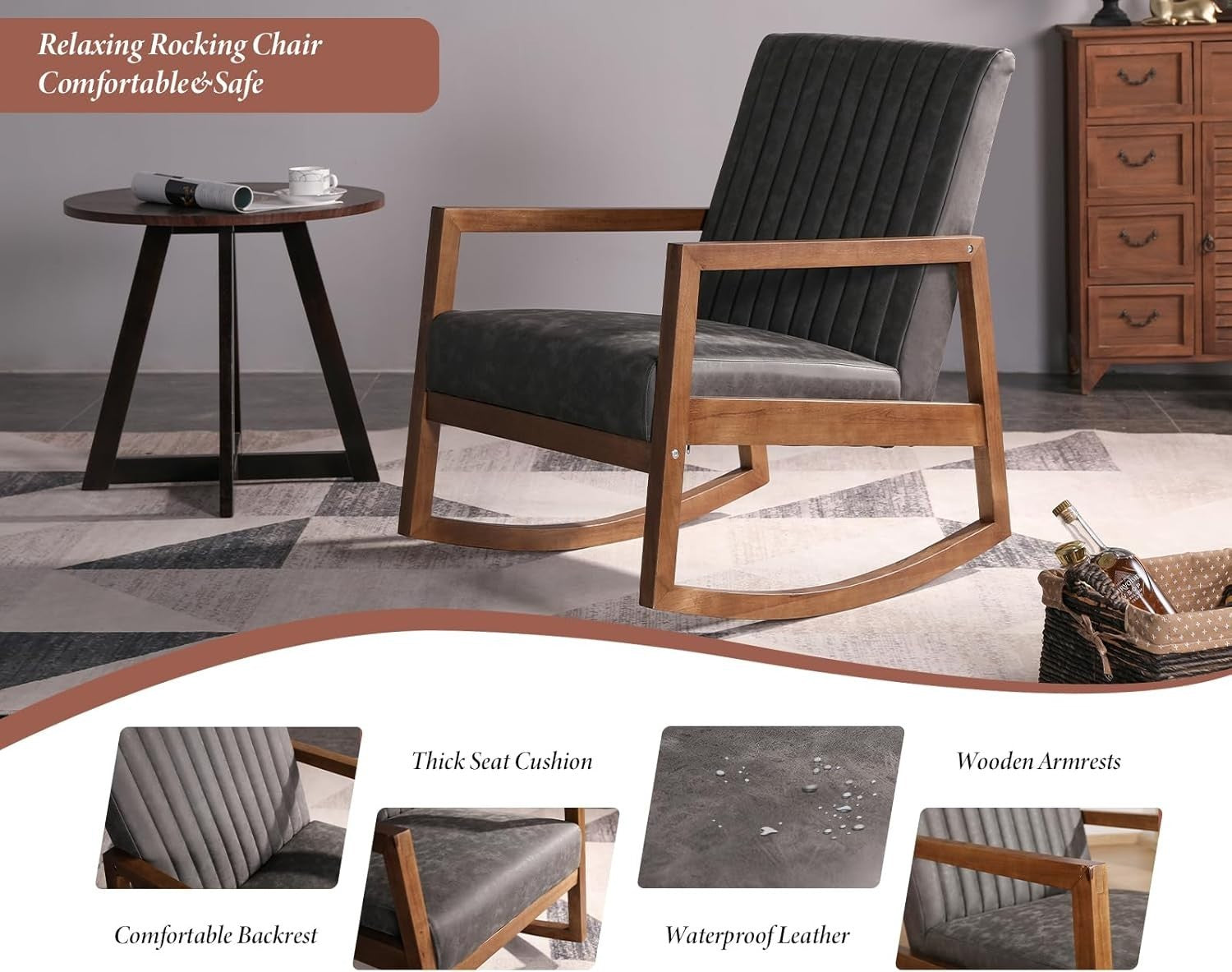 Grey PU Leather Rocking Chair with Walnut Frame - Comfortable & Durable