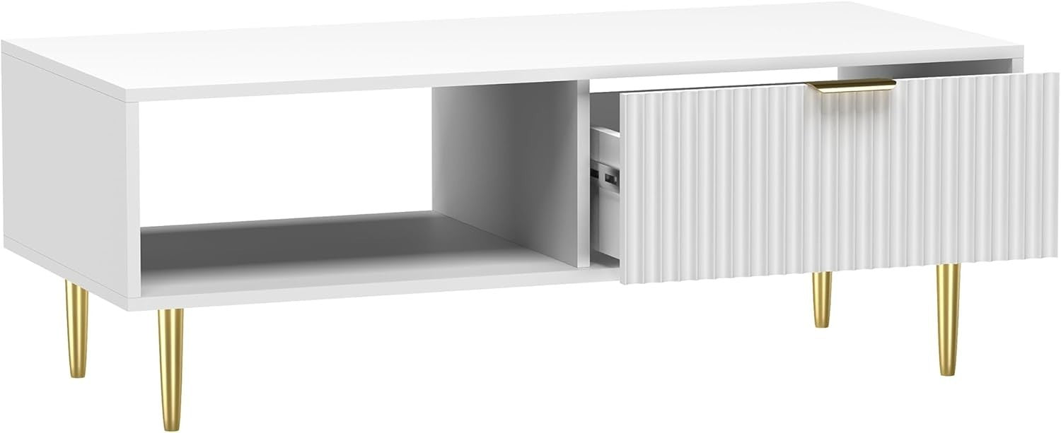Modern White Coffee Table with Storage Drawer & Gold Legs – 110x50x40cm