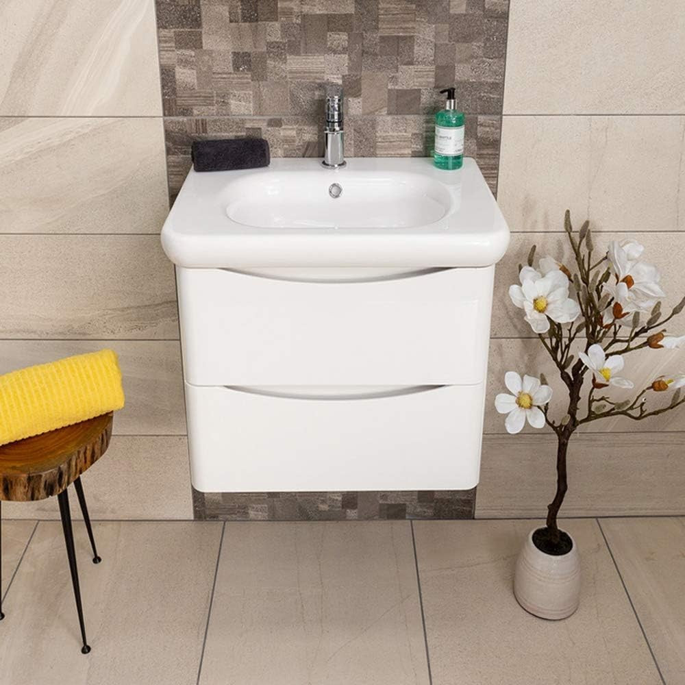 600mm Wall Hung Vanity Unit with Basin White Gloss Floating Bathroom Storage