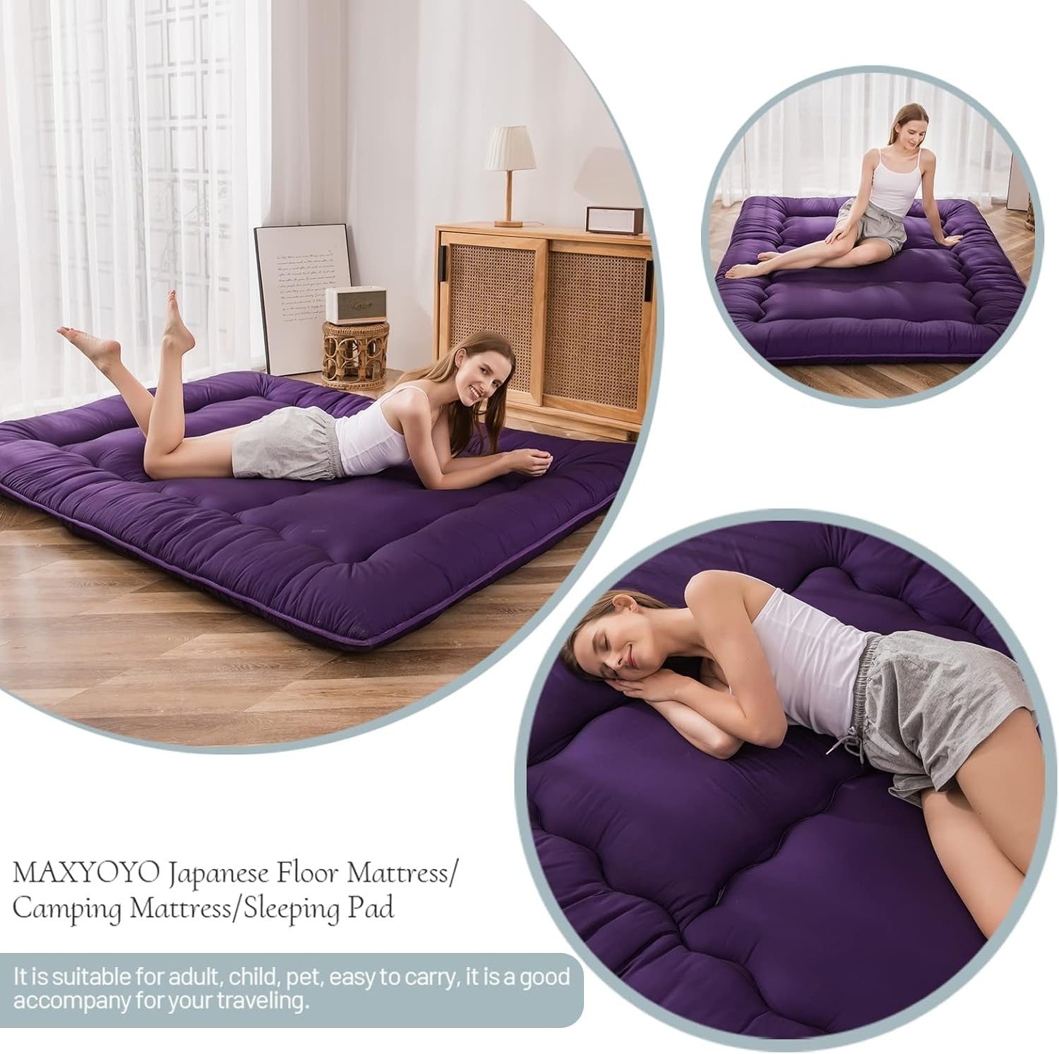 Purple Foldable Futon Mattress | Thick Quilted Floor Sleeping Pad, Portable