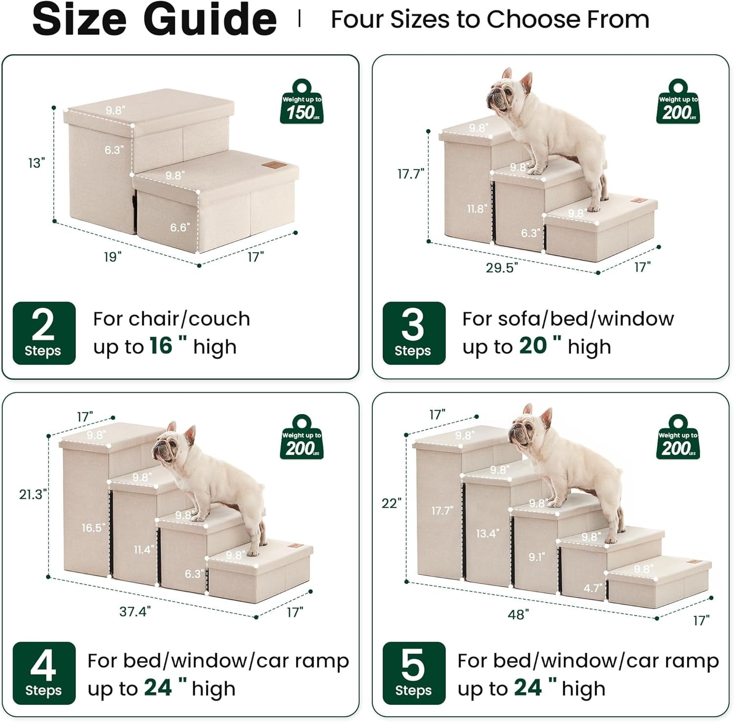Dog Stairs 3 Step with Storage 18" High Foldable Pet Steps Beige