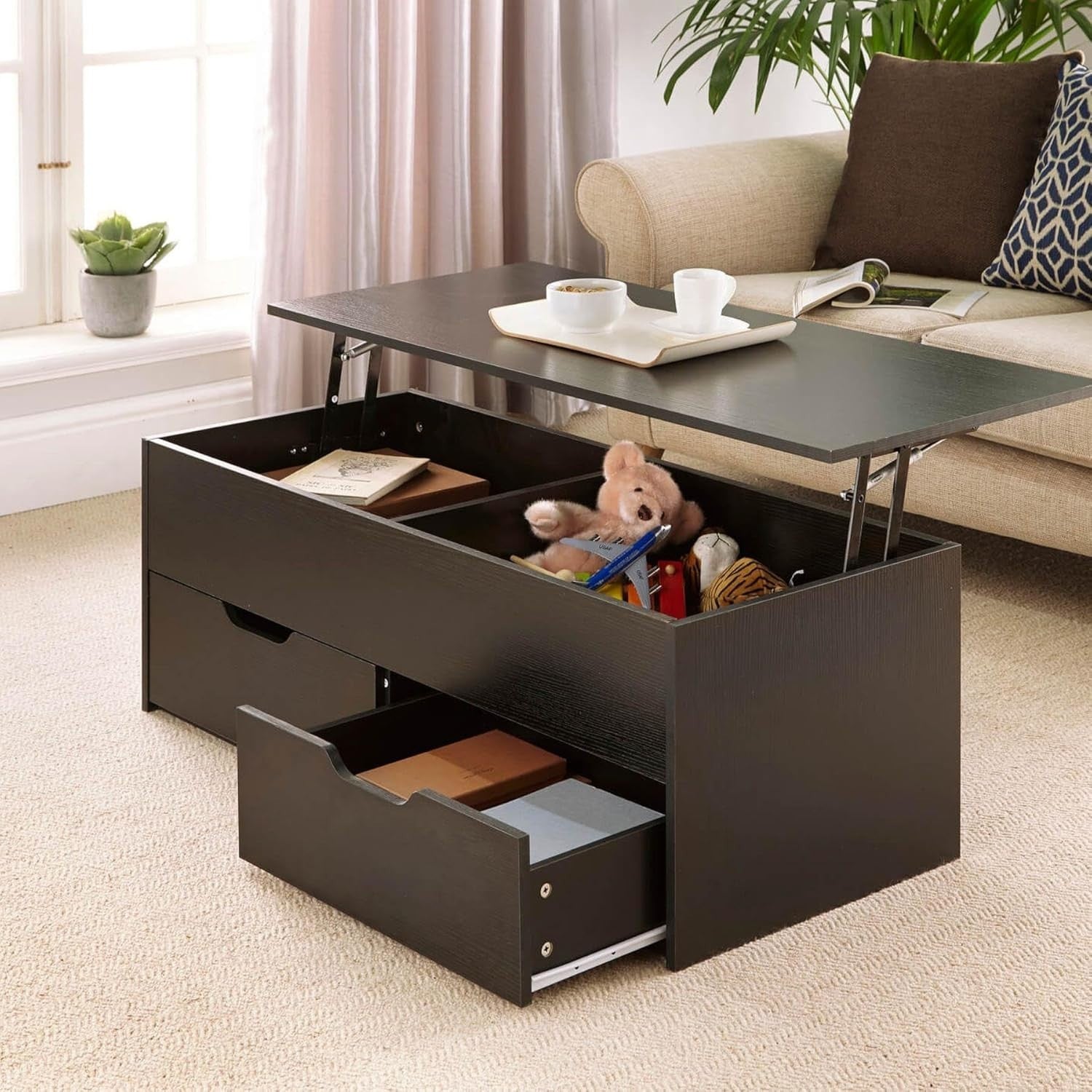 Black Lift-Top Coffee Table with Locking Storage Drawers 115x50x40cm