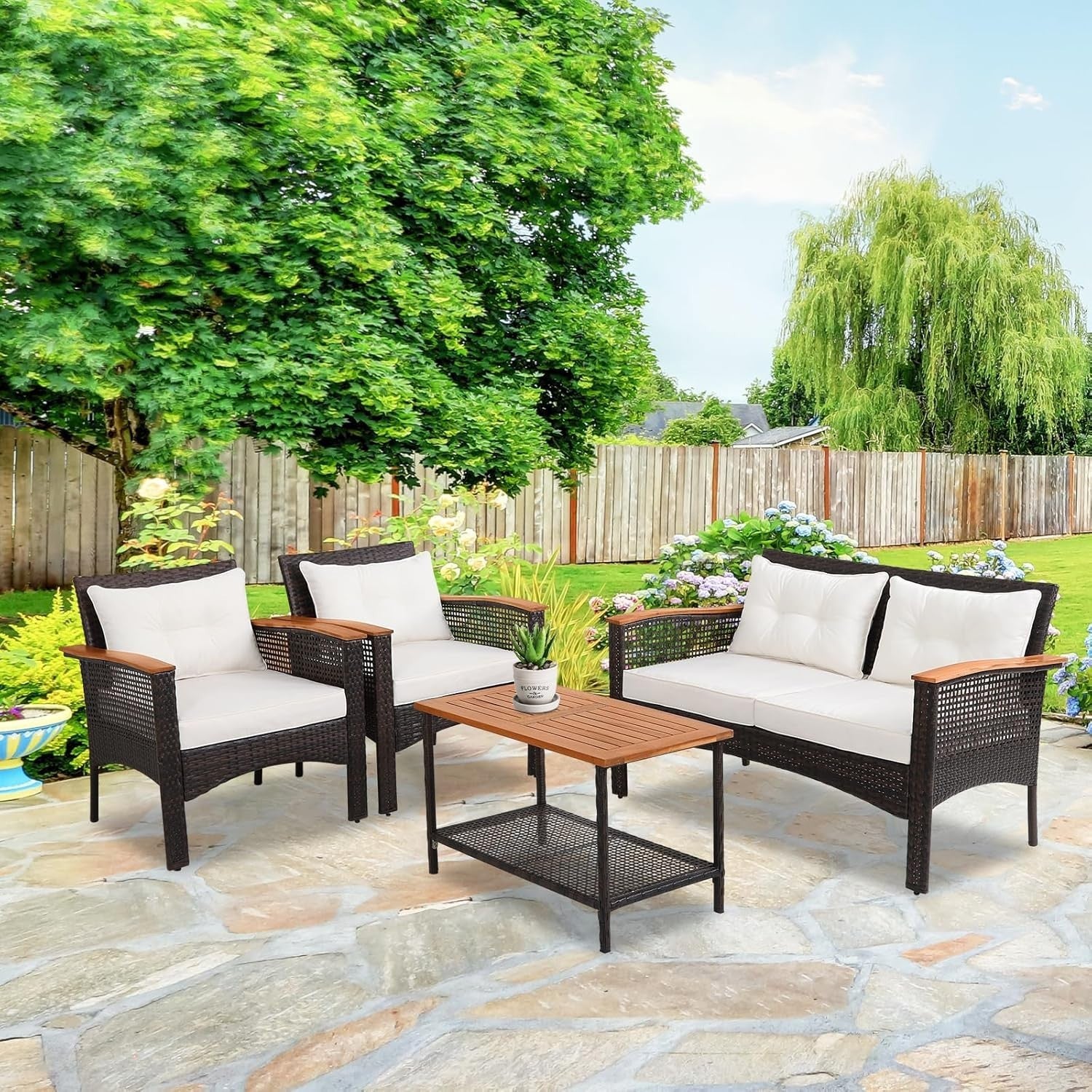 4PC Rattan Garden Lounge Set Loveseat Armchairs Coffee Table Cushioned