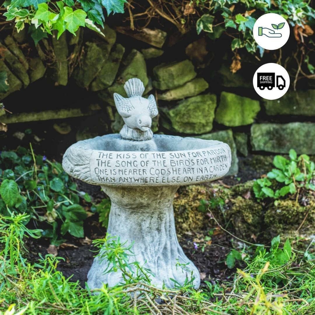 Stone Bird Bath with Poem | Outdoor Garden Feeder Statue 31kg Sculpture