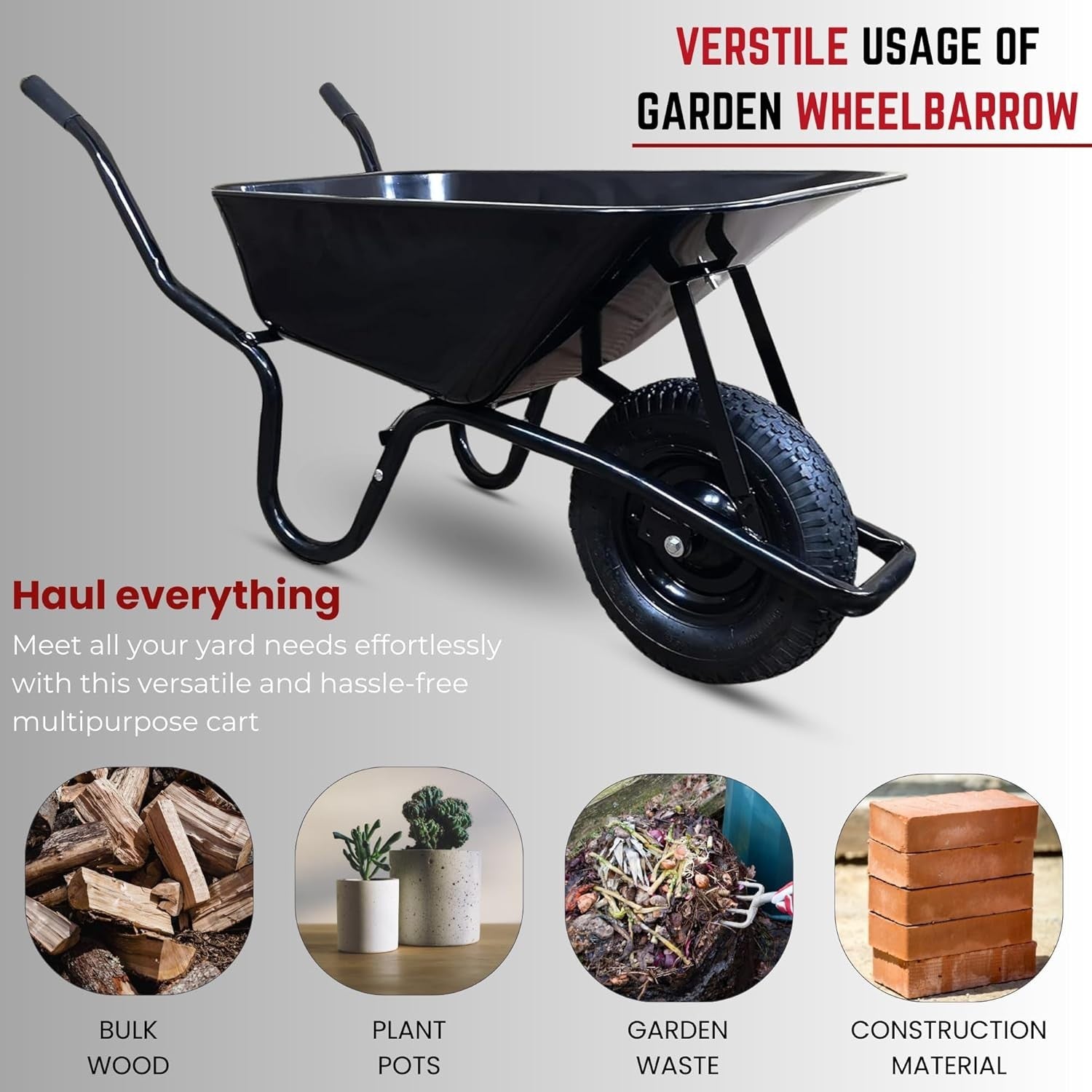 90L Heavy Duty Wheelbarrow Black – Galvanised Steel Tray w/ Pneumatic Tyre 150kg