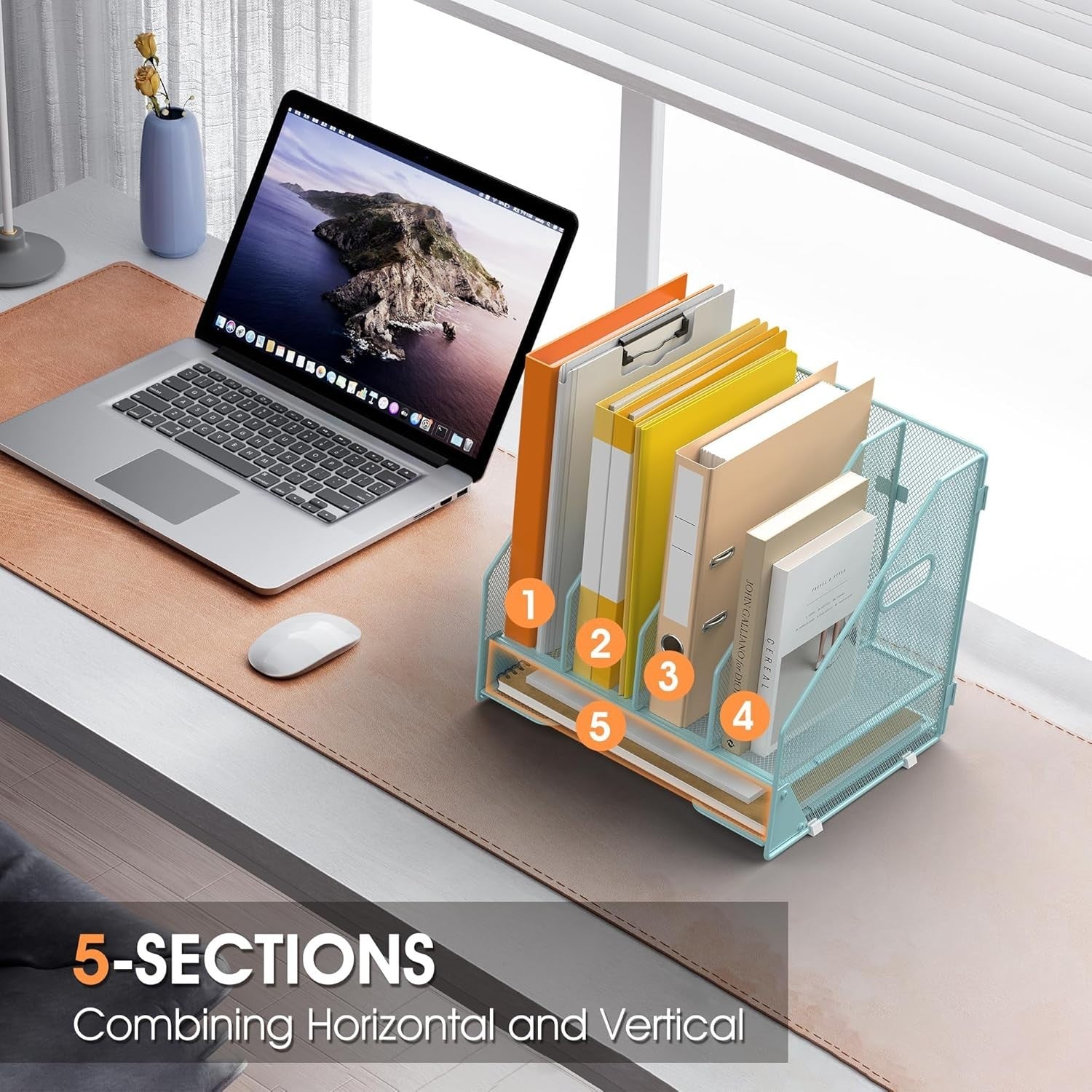 Desk File Organizer with 4 Adjustable Compartments & Letter Tray – Mesh Desktop