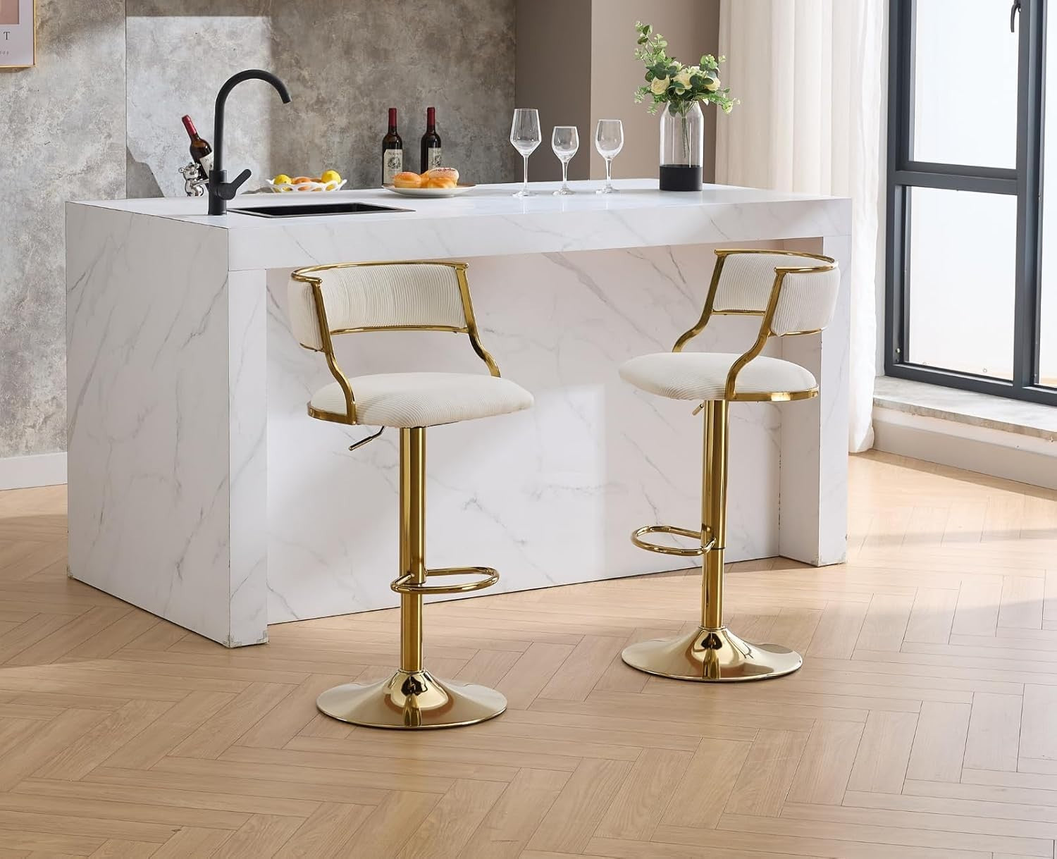 Beige Velvet Swivel Bar Stools Set of 2 – Adjustable Counter Chairs