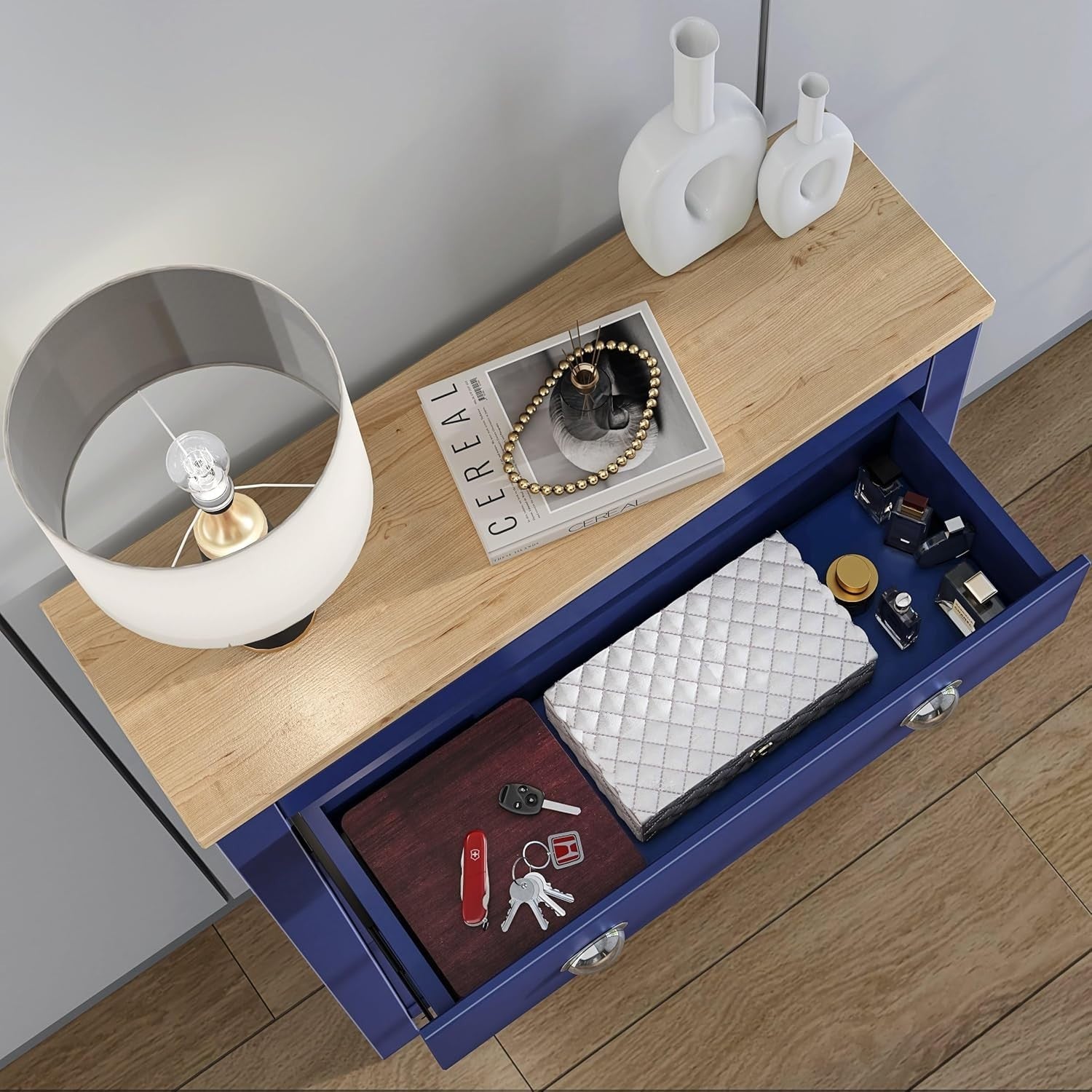 Slim Wooden Shoe Storage Cabinet with 2 Flip Drawers & Extra Drawer 78cm Blue