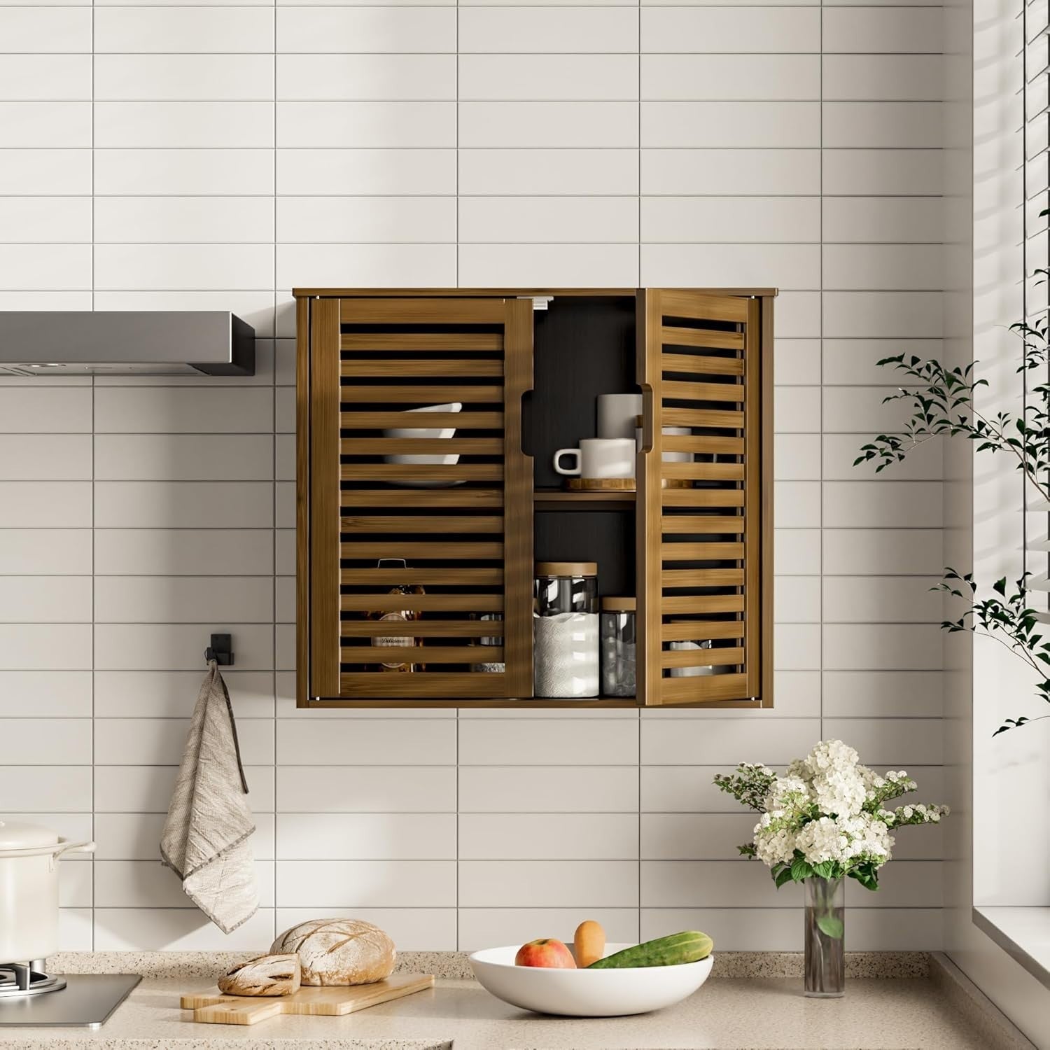 Bamboo Wall Mounted Bathroom Cabinet 2 Doors Adjustable Shelf Storage