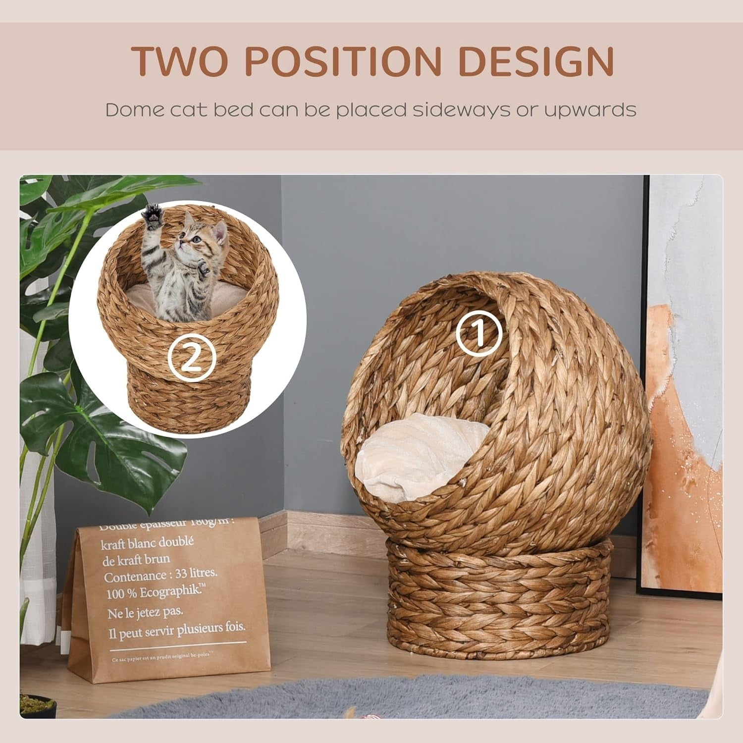 Elevated Wicker Cat Bed Cave Banana Leaf Pet House w Cushion 50cm