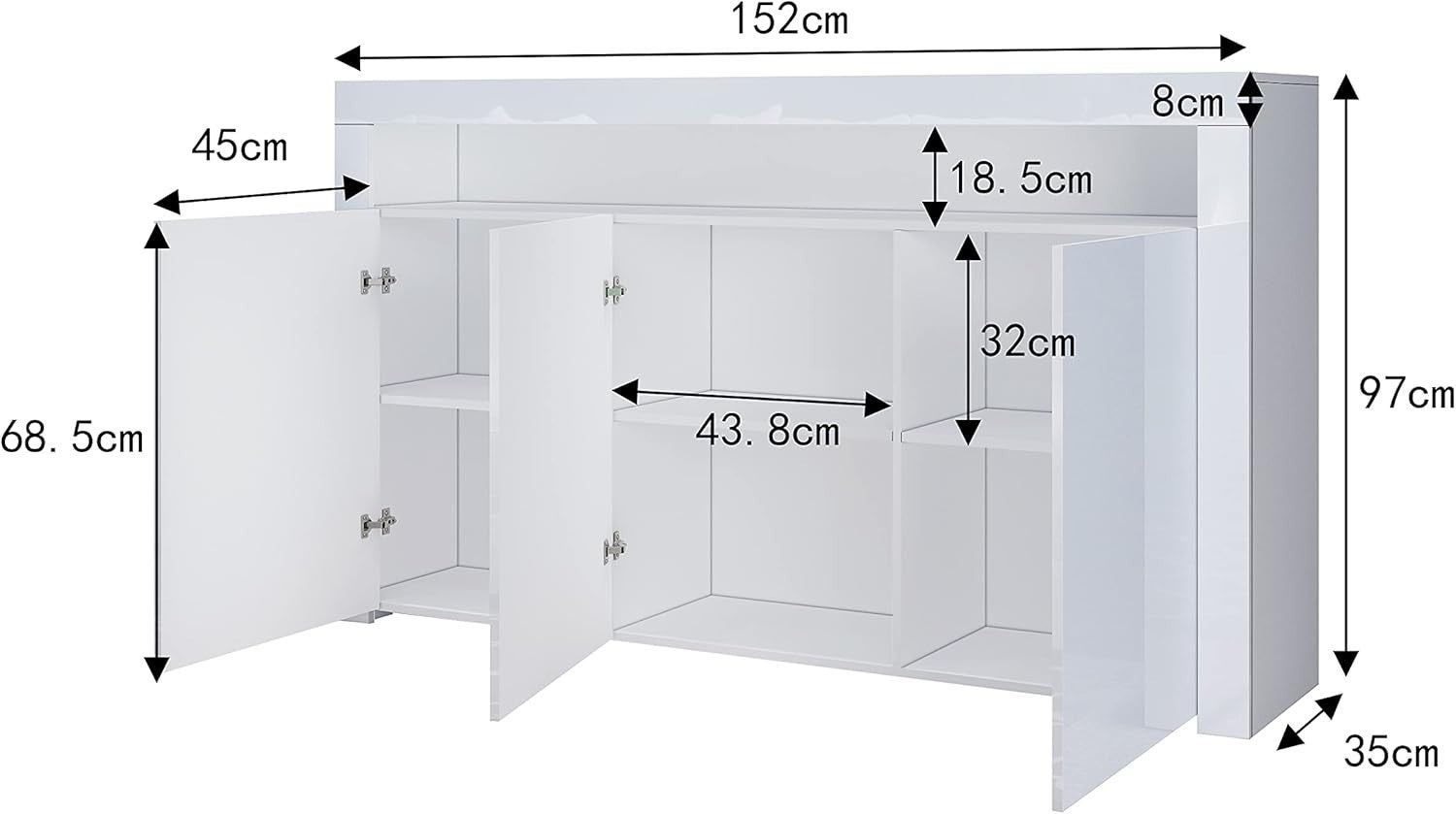Modern LED Sideboard Cabinet 3 Doors + Open Shelf Storage White 152cm