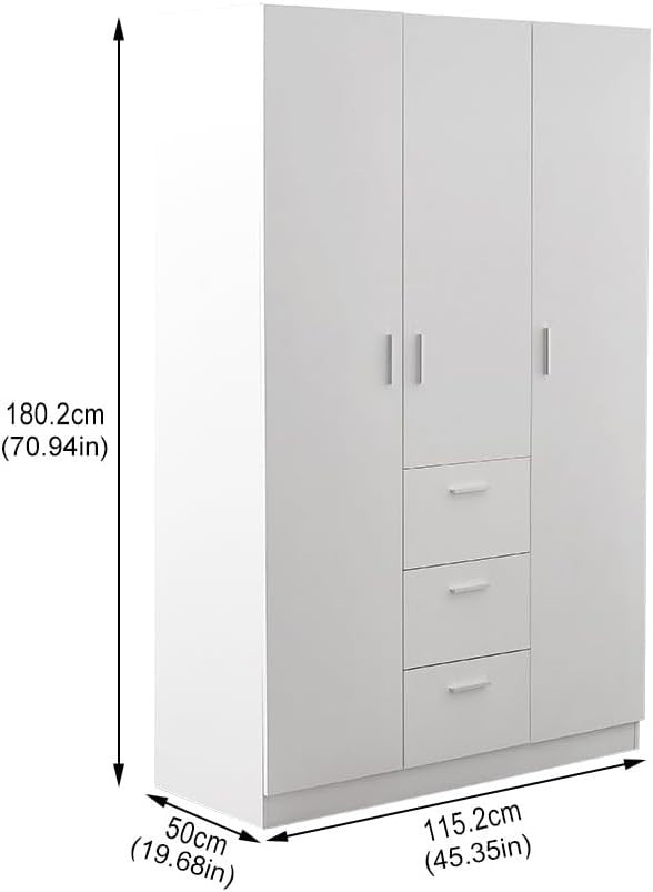 Large 3 Door Wardrobe with 3 Drawers, Shelves & Hanging Rail - White Bedroom