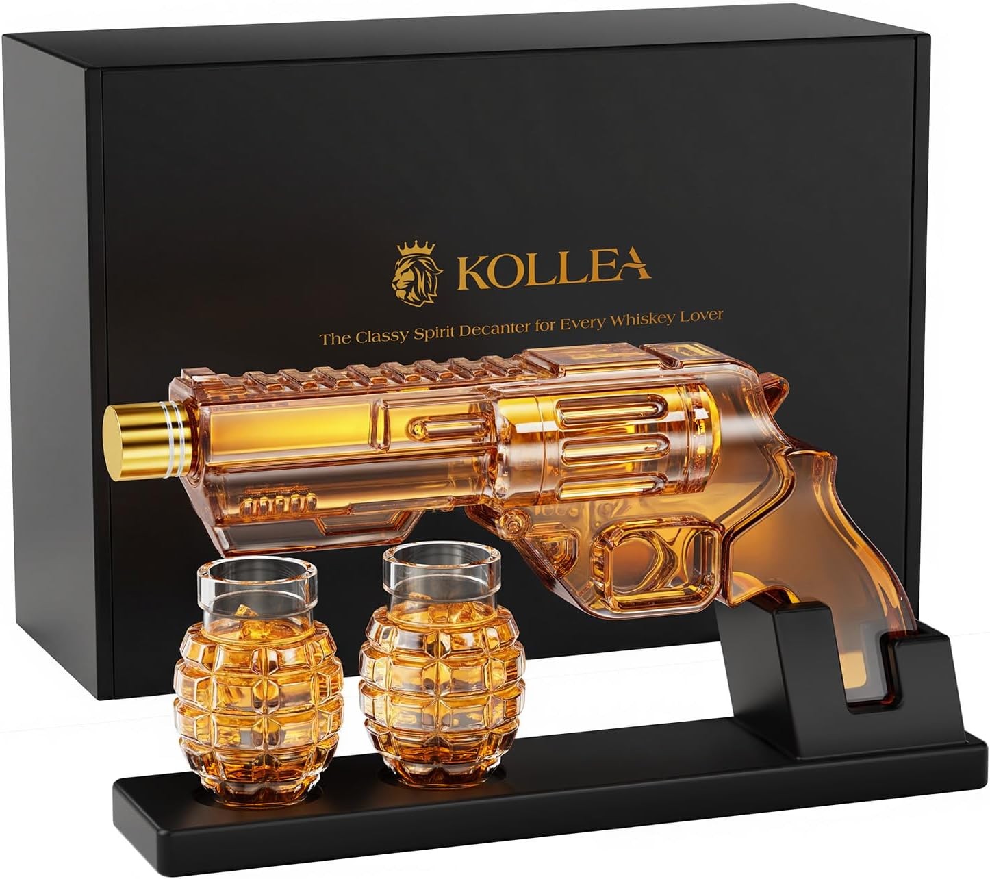 Gun Whiskey Decanter Set with Grenade Shot Glasses Gift Box Display Stand 380ml