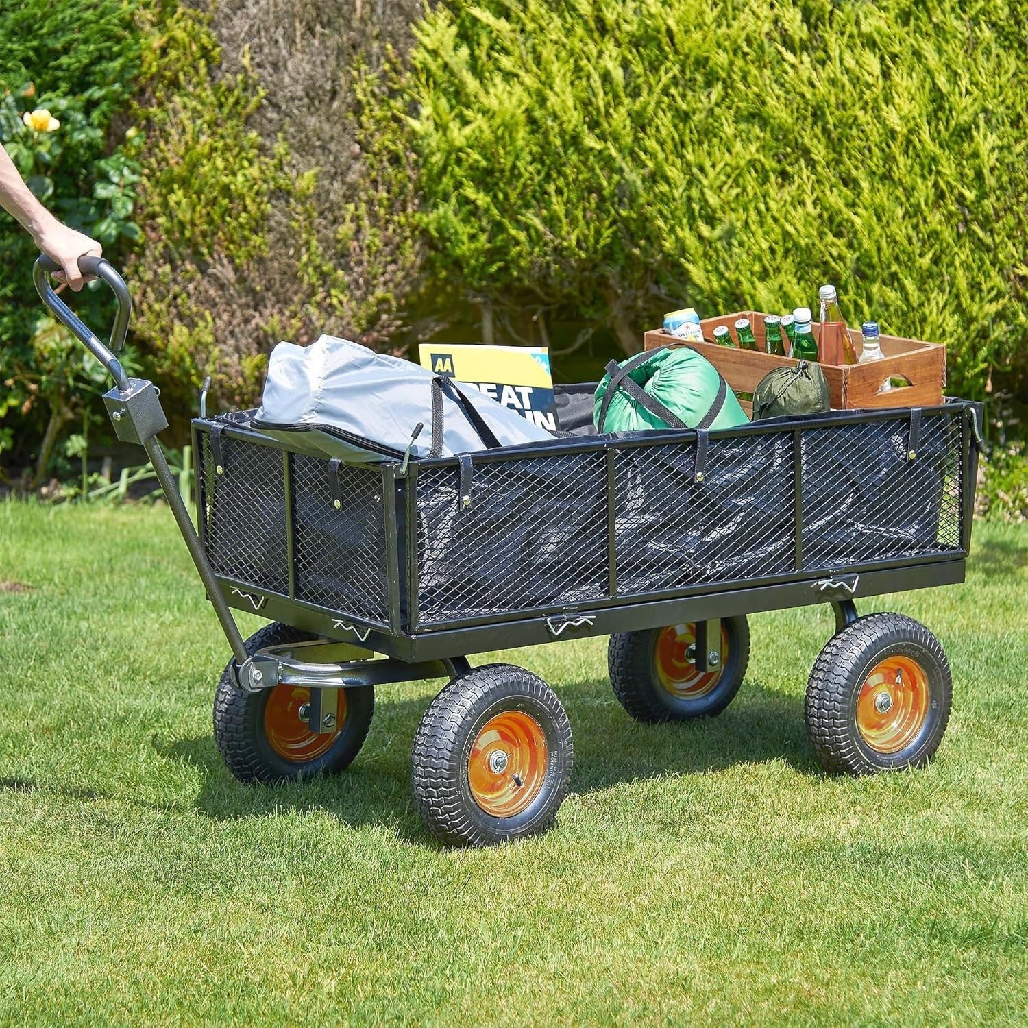 Heavy Duty Garden Cart Utility Wagon 600kg Load Steel Frame Mesh Sides Trolley