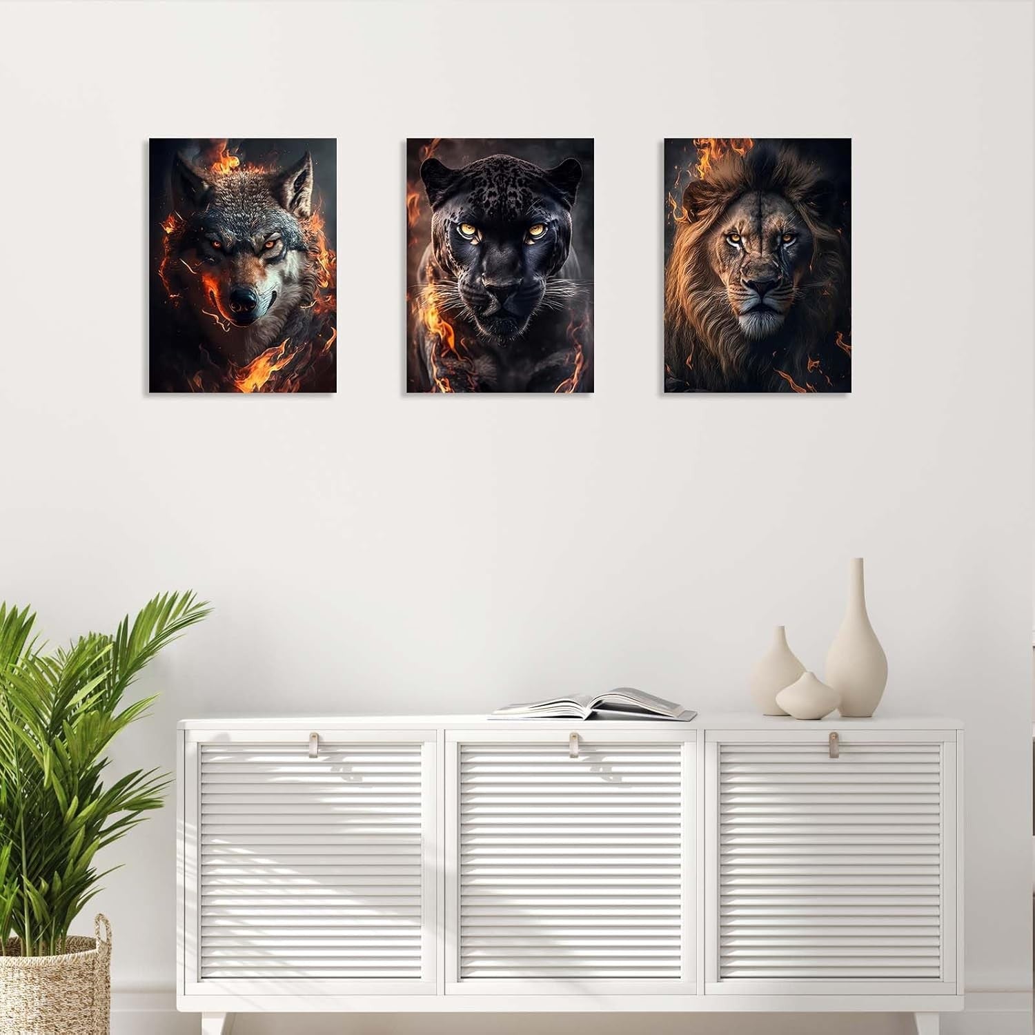 Set of 3 Animal Fire Canvas Wall Art 12x16 Framed Wolf Lion Panther Decor