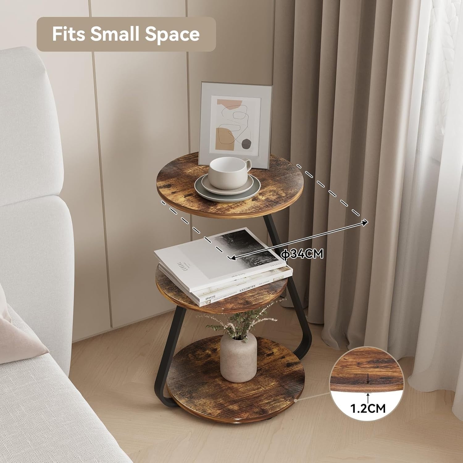 Round Side Table with LED Lights & 3 Tiers – End Bedside Coffee Table
