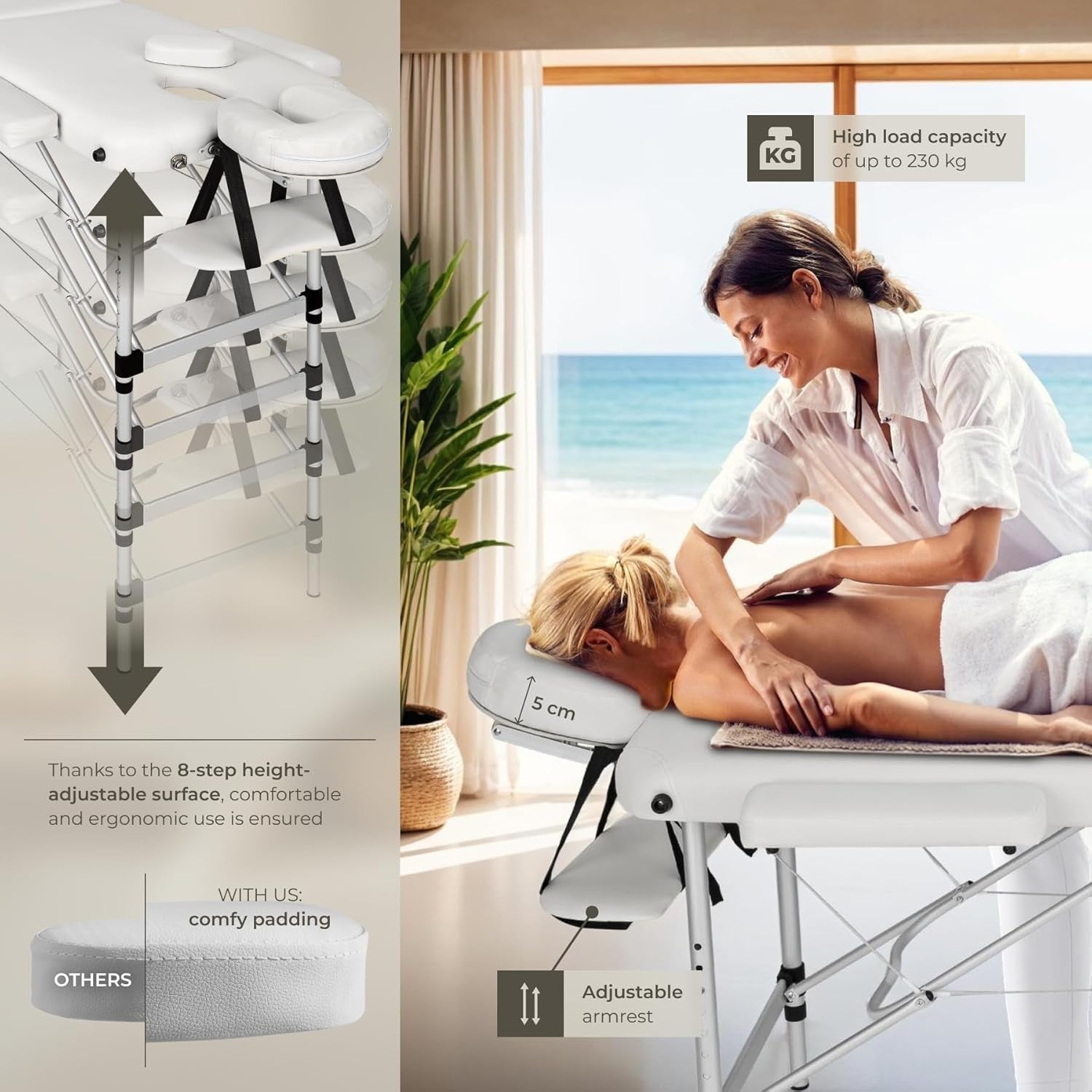 Portable 3 Section Massage Table Foldable Spa Beauty Bed 61cm Adjustable White